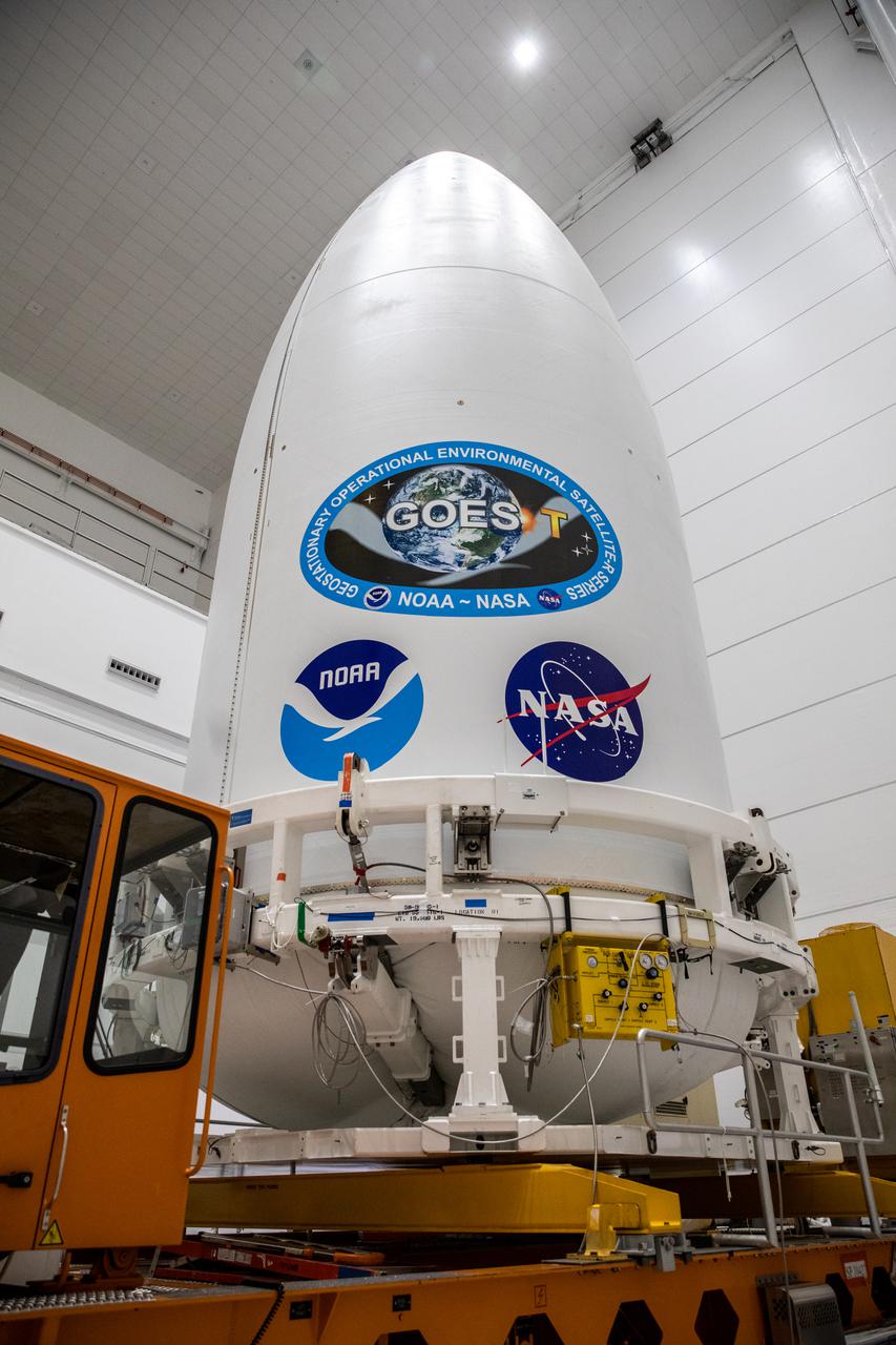 The National Oceanic and Atmospheric Administration’s (NOAA) Geostationary Operational Environmental Satellite-T (GOES-T), enclosed in its payload fairing, is prepared for its move from the Astrotech Space Operations facility in Titusville, Florida, to the Vertical Integration Facility at Space Launch Complex 41 at Cape Canaveral Space Force Station in Florida on Feb. 17, 2022. The satellite will be lifted up inside the integration facility and secured to the United Launch Alliance Atlas V 541 rocket. GOES-T is scheduled to launch atop the Atlas V rocket from SLC-41 on March 1, 2022, at 4:38 p.m. GOES-T is the third satellite in the GOES-R series that will continue to help meteorologists observe and predict local weather events that affect public safety. The launch is being managed by NASA’s Launch Services Program based at Kennedy Space Center in Florida, America’s multi-user spaceport.