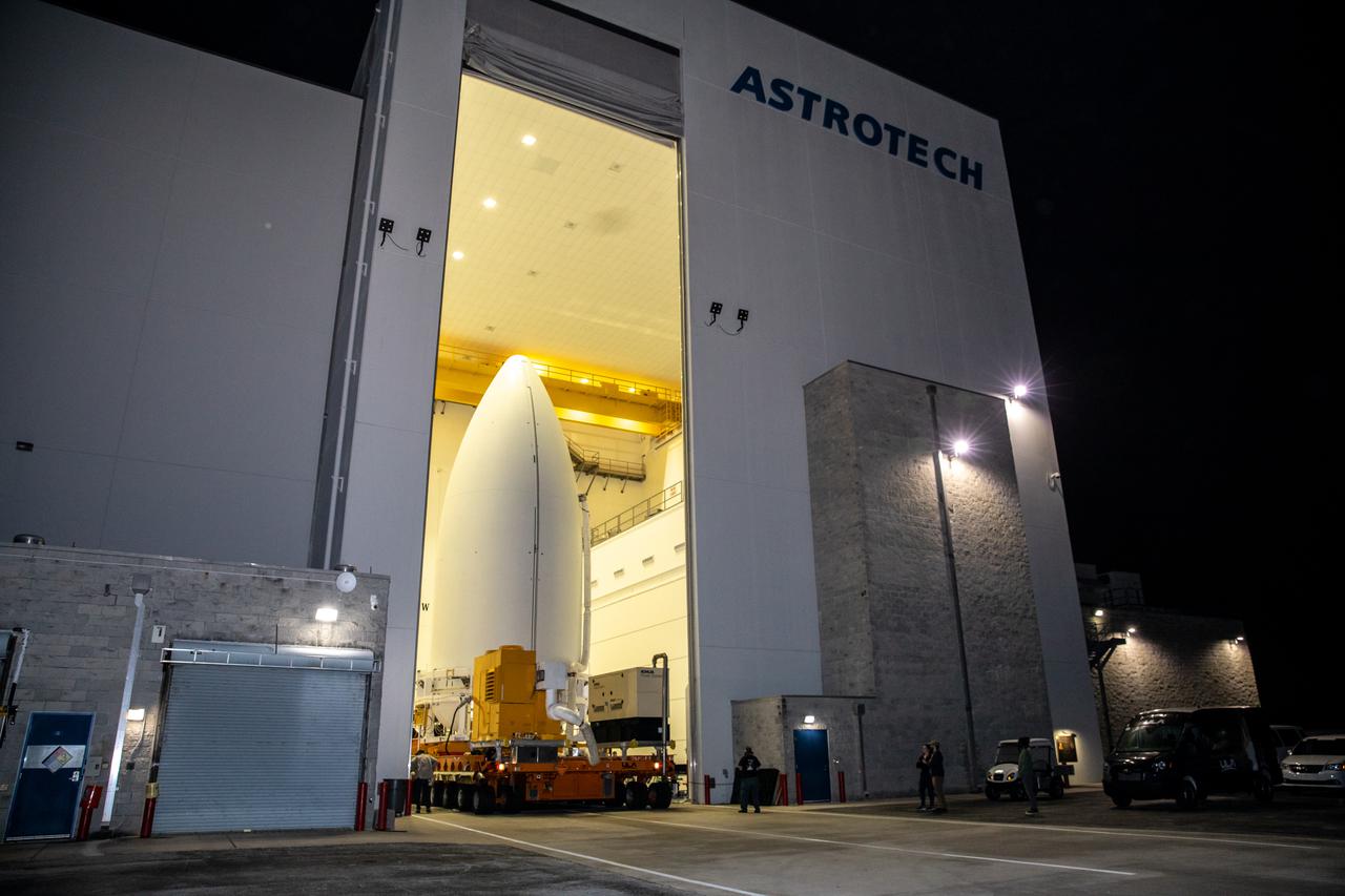 The National Oceanic and Atmospheric Administration’s (NOAA) Geostationary Operational Environmental Satellite-T (GOES-T), enclosed in its payload fairing, begins its move out of the Astrotech Space Operations facility in Titusville, Florida, for the trip to the Vertical Integration Facility at Space Launch Complex 41 at Cape Canaveral Space Force Station in Florida on Feb. 17, 2022. The satellite will be lifted up inside the integration facility and secured to the United Launch Alliance Atlas V 541 rocket. GOES-T is scheduled to launch atop the Atlas V rocket from SLC-41 on March 1, 2022, at 4:38 p.m. GOES-T is the third satellite in the GOES-R series that will continue to help meteorologists observe and predict local weather events that affect public safety. The launch is being managed by NASA’s Launch Services Program based at Kennedy Space Center in Florida, America’s multi-user spaceport.