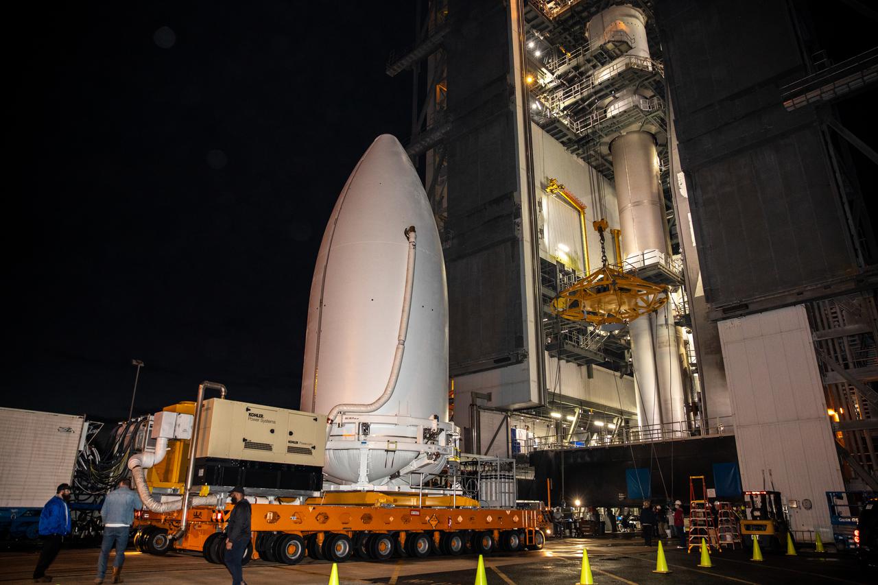 The National Oceanic and Atmospheric Administration’s (NOAA) Geostationary Operational Environmental Satellite-T (GOES-T), enclosed in its payload fairing, arrives at the Vertical Integration Facility at Space Launch Complex 41 at Cape Canaveral Space Force Station in Florida on Feb. 17, 2022. The satellite will be lifted up inside the integration facility and secured to the United Launch Alliance Atlas V 541 rocket. GOES-T is scheduled to launch atop the Atlas V rocket from SLC-41 on March 1, 2022, at 4:38 p.m. GOES-T is the third satellite in the GOES-R series that will continue to help meteorologists observe and predict local weather events that affect public safety. The launch is being managed by NASA’s Launch Services Program based at Kennedy Space Center in Florida, America’s multi-user spaceport.