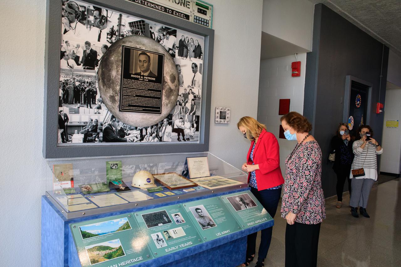 A display dedicated to former Kennedy Space Center launch director Rocco Petrone is viewed at Kennedy Space Center on Feb. 22, 2022. During a ceremony held at the Florida spaceport, Kennedy’s launch control center was officially renamed to the Rocco A. Petrone Launch Control Center. Petrone was instrumental in America’s first voyages to the Moon and headed the Apollo program. He died in 2006 at the age of 80.