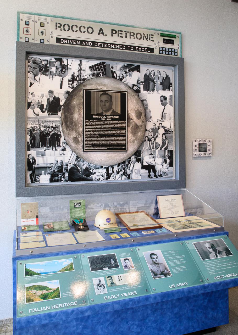 Shown is a display honoring former Kennedy Space Center launch director Rocco Petrone at the Florida spaceport on Feb. 22, 2022. During a ceremony held at Kennedy, the launch control center was officially renamed to the Rocco A. Petrone Launch Control Center. Petrone was instrumental in America’s first voyages to the Moon and headed the Apollo program. He died in 2006 at the age of 80.