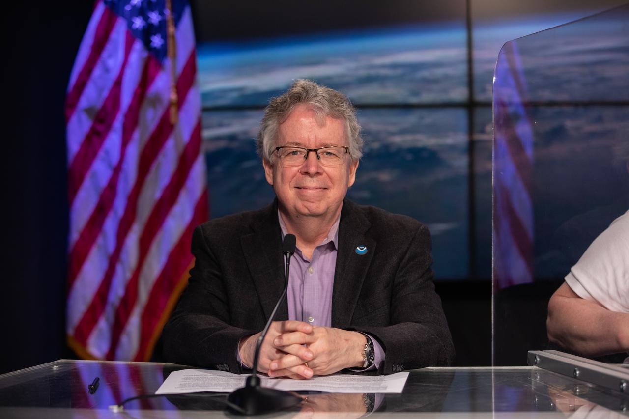 A prelaunch news conference for the National Oceanic and Atmospheric Administration’s (NOAA) Geostationary Operational Environmental Satellite-T (GOES-T) is held on Feb. 26, 2022, at NASA’s Kennedy Space Center in Florida. Steve Volz, assistant administrator for Satellite and Information Services, NOAA, answers questions during the news conference. GOES-T is scheduled to lift off on a United Launch Alliance Atlas V 541 rocket from Space Launch Complex 41 at Cape Canaveral Space Force Station in Florida on March 1, 2022, at 4:38 p.m. GOES-T is the third satellite in the GOES-R series that will continue to help meteorologists observe and predict local weather events that affect public safety. The launch is being managed by NASA’s Launch Services Program based at Kennedy Space Center in Florida, America’s multi-user spaceport. 