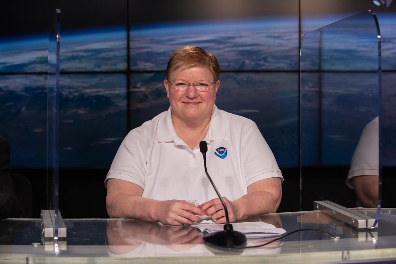 A prelaunch news conference for the National Oceanic and Atmospheric Administration’s (NOAA) Geostationary Operational Environmental Satellite-T (GOES-T) is held on Feb. 26, 2022, at NASA’s Kennedy Space Center in Florida. Pam Sullivan, director, GOES-R Program, NOAA, answers questions during the news conference. GOES-T is scheduled to lift off on a United Launch Alliance Atlas V 541 rocket from Space Launch Complex 41 at Cape Canaveral Space Force Station in Florida on March 1, 2022, at 4:38 p.m. GOES-T is the third satellite in the GOES-R series that will continue to help meteorologists observe and predict local weather events that affect public safety. The launch is being managed by NASA’s Launch Services Program based at Kennedy Space Center in Florida, America’s multi-user spaceport.