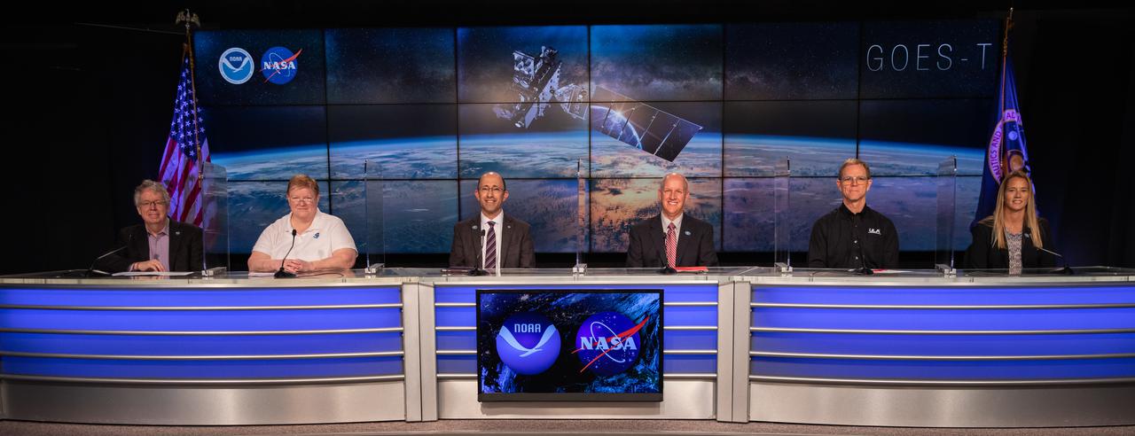 A prelaunch news conference for the National Oceanic and Atmospheric Administration’s (NOAA) Geostationary Operational Environmental Satellite-T (GOES-T) is held on Feb. 26, 2022, at NASA’s Kennedy Space Center in Florida. Participating, from left are Steve Volz, assistant administrator for Satellite and Information Services, NOAA; Pam Sullivan, director, GOES-R Program, NOAA; John Gagosian, director, Joint Agency Satellite Division, NASA Headquarters Science Mission Directorate; Tim Dunn, launch director, NASA’s Launch Services Program, Kennedy Space Center; Scott Messer, program manager, NASA Launch Services, United Launch Alliance; and Jessica Williams, launch weather officer, 45th Weather Squadron, Space Launch Delta 45. GOES-T is scheduled to lift off on a United Launch Alliance Atlas V 541 rocket from Space Launch Complex 41 at Cape Canaveral Space Force Station in Florida on March 1, 2022, at 4:38 p.m. GOES-T is the third satellite in the GOES-R series that will continue to help meteorologists observe and predict local weather events that affect public safety. The launch is being managed by NASA’s Launch Services Program based at Kennedy Space Center in Florida, America’s multi-user spaceport. 