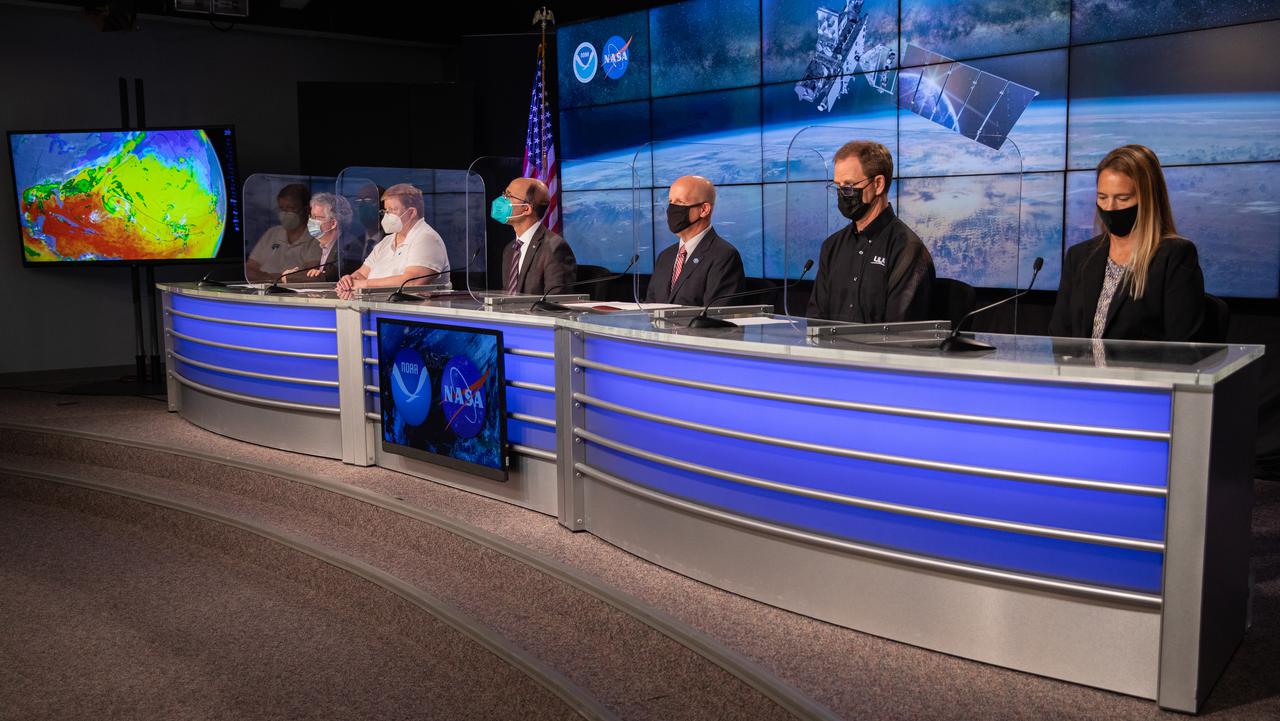 A prelaunch news conference for the National Oceanic and Atmospheric Administration’s (NOAA) Geostationary Operational Environmental Satellite-T (GOES-T) is held on Feb. 26, 2022, at NASA’s Kennedy Space Center in Florida. Participating, from left are Jasmine Hopkins, moderator, NASA Communications; Steve Volz, assistant administrator for Satellite and Information Services, NOAA; Pam Sullivan, director, GOES-R Program, NOAA; John Gagosian, director, Joint Agency Satellite Division, NASA Headquarters Science Mission Directorate; Tim Dunn, launch director, NASA’s Launch Services Program, Kennedy Space Center; Scott Messer, program manager, NASA Launch Services, United Launch Alliance; and Jessica Williams, launch weather officer, 45th Weather Squadron, Space Launch Delta 45. GOES-T is scheduled to lift off on a United Launch Alliance Atlas V 541 rocket from Space Launch Complex 41 at Cape Canaveral Space Force Station in Florida on March 1, 2022, at 4:38 p.m. GOES-T is the third satellite in the GOES-R series that will continue to help meteorologists observe and predict local weather events that affect public safety. The launch is being managed by NASA’s Launch Services Program based at Kennedy Space Center in Florida, America’s multi-user spaceport.