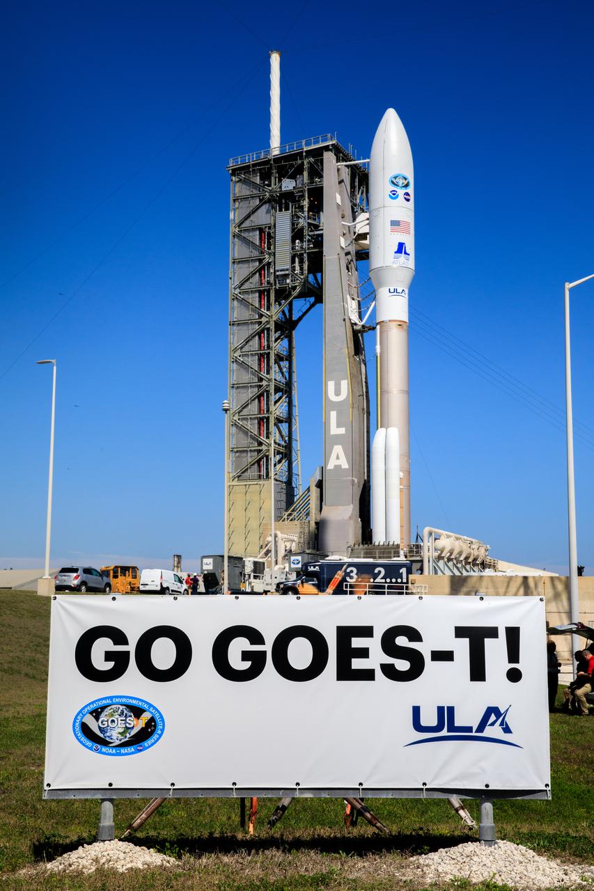 A United Launch Alliance Atlas V 541 rocket carrying the National Oceanic and Atmospheric Administration’s (NOAA) Geostationary Operational Environmental Satellite-T (GOES-T), is secured on the pad at Space Launch Complex 41 at Cape Canaveral Space Force Station in Florida on Feb. 28, 2022. GOES-T will lift off atop the Atlas V from SLC-41 on March 1, 2022, at 4:38 p.m. GOES-T is the third satellite in the GOES-R series that will continue to help meteorologists observe and predict local weather events that affect public safety. GOES-T will be renamed GOES-18 once it reaches geostationary orbit. GOES-18 will go into operational service as GOES West to provide critical data for the U.S. West Coast, Alaska, Hawaii, Mexico, Central America, and the Pacific Ocean. The launch is managed by NASA’s Launch Services Program based at Kennedy Space Center in Florida, America’s multi-user spaceport.