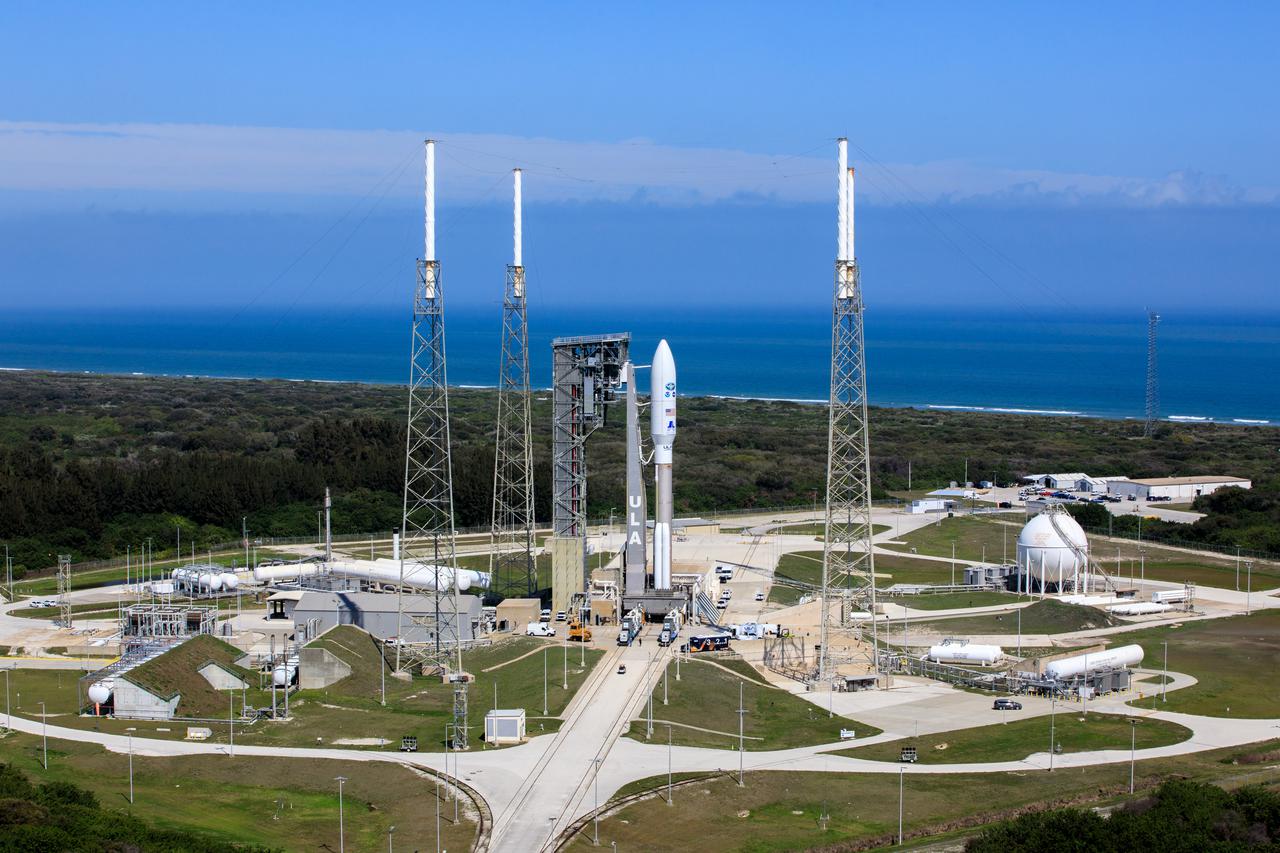 An aerial view shows the United Launch Alliance Atlas V 541 rocket carrying the National Oceanic and Atmospheric Administration’s (NOAA) Geostationary Operational Environmental Satellite-T (GOES-T), secured on the pad at Space Launch Complex 41 at Cape Canaveral Space Force Station in Florida on Feb. 28, 2022. GOES-T will lift off atop the Atlas V from SLC-41 on March 1, 2022, at 4:38 p.m. GOES-T is the third satellite in the GOES-R series that will continue to help meteorologists observe and predict local weather events that affect public safety. GOES-T will be renamed GOES-18 once it reaches geostationary orbit. GOES-18 will go into operational service as GOES West to provide critical data for the U.S. West Coast, Alaska, Hawaii, Mexico, Central America, and the Pacific Ocean. The launch is managed by NASA’s Launch Services Program based at Kennedy Space Center in Florida, America’s multi-user spaceport.