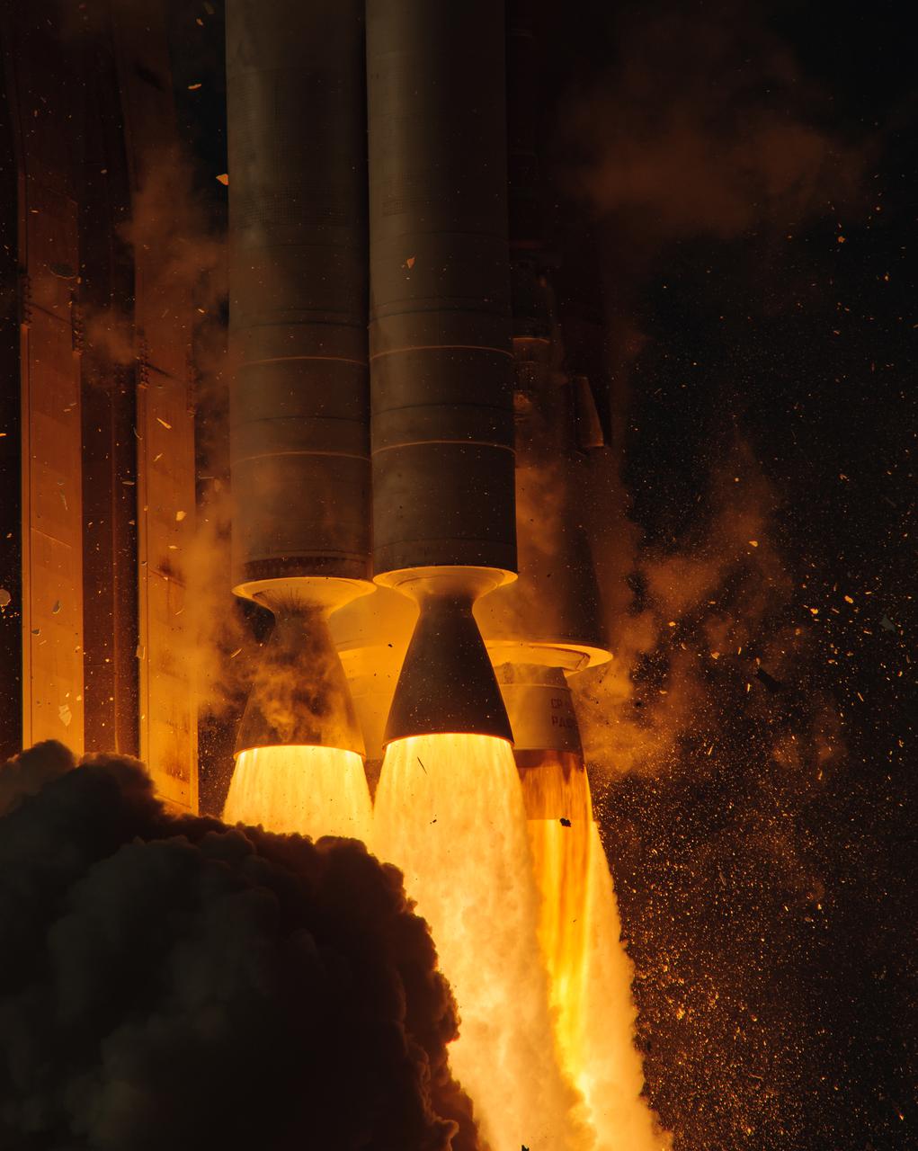 A close-up view of the first-stage engines as the United Launch Alliance Atlas V 541 rocket, carrying the National Oceanic and Atmospheric Administration’s (NOAA) Geostationary Operational Environmental Satellite-T (GOES-T), lifts off from Space Launch Complex 41 at Cape Canaveral Space Force Station in Florida on March 1, 2022. Liftoff was at 4:38 p.m. EST. GOES-T is the third satellite in the GOES-R series that will continue to help meteorologists observe and predict local weather events that affect public safety. GOES-T will be renamed GOES-18 once it reaches geostationary orbit. GOES-18 will go into operational service as GOES West to provide critical data for the U.S. West Coast, Alaska, Hawaii, Mexico, Central America, and the Pacific Ocean. The launch was managed by NASA’s Launch Services Program based at Kennedy Space Center in Florida, America’s multi-user spaceport. 