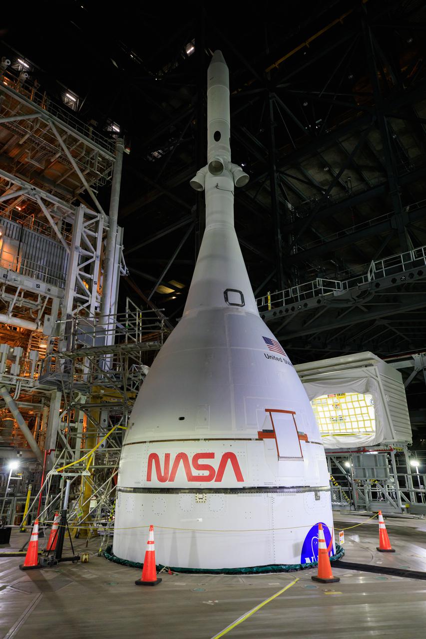 Teams retracted the first two of 20 platforms surrounding the Space Launch System rocket and Orion spacecraft that allow work on the integrated system in High Bay 3 inside the Vehicle Assembly Building at NASA’s Kennedy Space Center in Florida. The first platforms to be retracted – which move like hydraulic kitchen drawers when moved – are those located near the launch abort system on Orion in preparation for rollout to Launch Complex 39B for the Artemis I wet dress rehearsal.