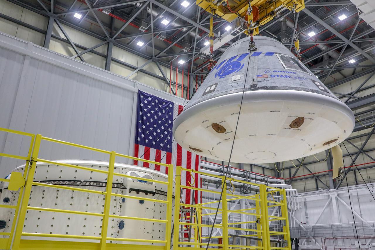 A new service module was mated to a Boeing CST-100 Starliner crew module to form a complete spacecraft on March 12, 2022, in Boeing’s Commercial Crew and Cargo Processing Facility at NASA’s Kennedy Space Center in Florida. Starliner will launch on a United Launch Alliance Atlas V rocket for Boeing’s second uncrewed Orbital Flight Test-2 (OFT-2) for NASA’s Commercial Crew Program.