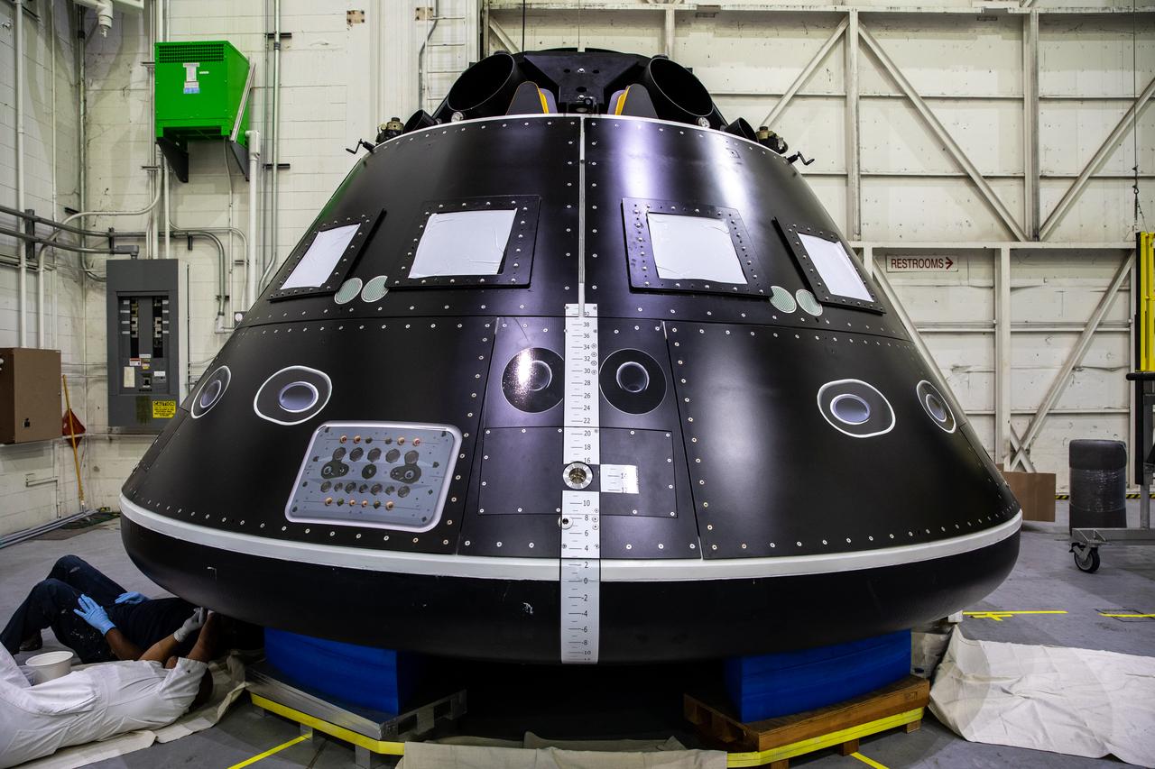 The Artemis Orion crew module test article (CMTA) is in view in the high bay inside the Launch Equipment Test Facility at NASA's Kennedy Space Center in Florida on March 18, 2022. The CMTA is used to practice recovery after splashdown of the Orion spacecraft to prepare for Artemis missions. Exploration Ground Systems leads recovery efforts. 