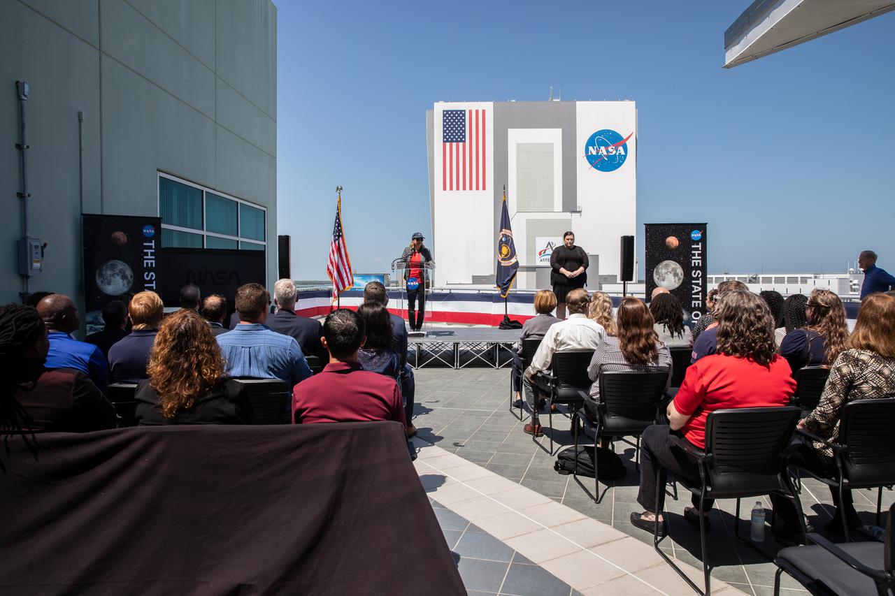 Kennedy Space Center Director Janet Petro addresses attendees before NASA Administrator Bill Nelson delivers the 2022 State of NASA address on March 28, 2022, at the Florida spaceport. Nelson highlighted NASA’s plans to explore the Moon and Mars, address climate change, promote racial and economic equity, and drive economic growth while sustaining U.S. leadership in aviation and aerospace innovation.