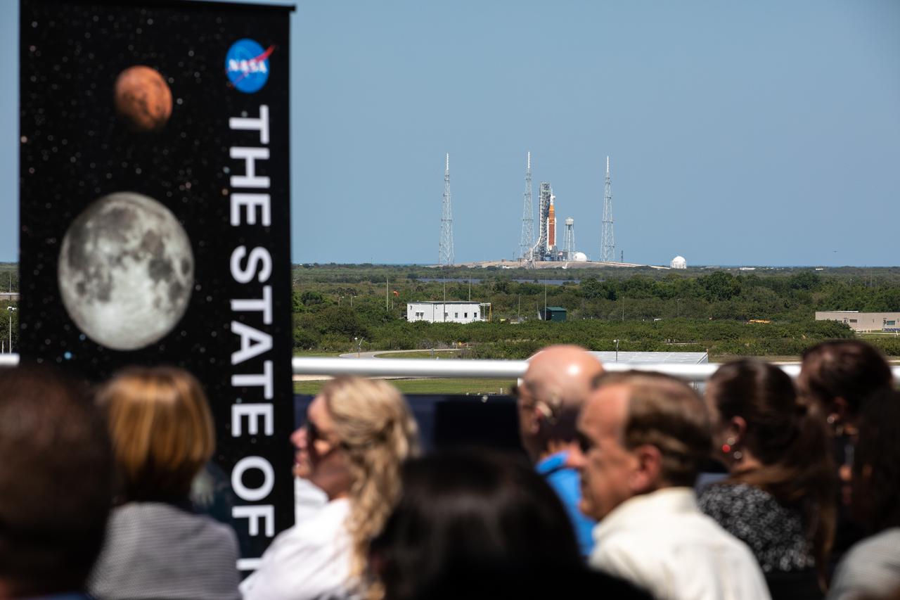Attendees listen to NASA Administrator Bill Nelson deliver the 2022 State of NASA address on March 28, 2022, from the agency’s Kennedy Space Center in Florida. Nelson highlighted NASA’s plans to explore the Moon and Mars, address climate change, promote racial and economic equity, and drive economic growth while sustaining U.S. leadership in aviation and aerospace innovation.