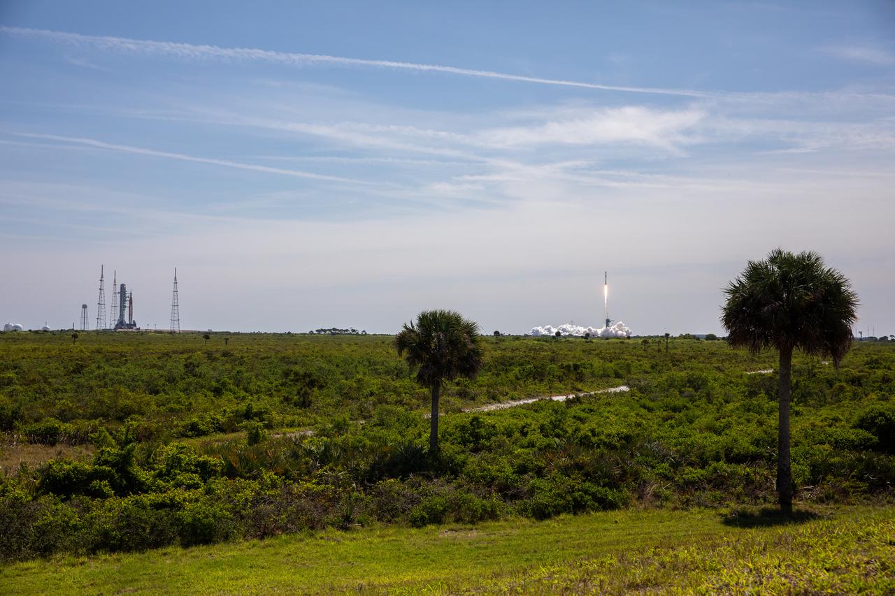A SpaceX Falcon 9 rocket, carrying the company's Crew Dragon spacecraft, lifts off from Launch Complex 39A at NASA’s Kennedy Space Center in Florida at 11:17 a.m. EST on April 8, 2022, on Axiom Mission 1 (Ax-1). Commander Michael López-Alegría of Spain and the United States, Pilot Larry Connor of the United States, and Mission Specialists Eytan Stibbe of Israel, and Mark Pathy of Canada are aboard the flight to the International Space Station. The Ax-1 mission is the first private astronaut mission to the space station. 