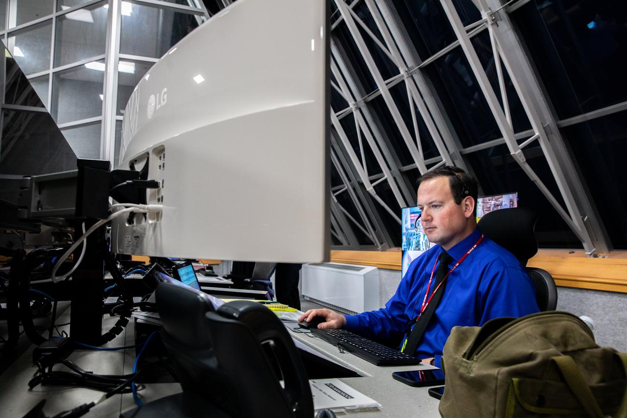 Wes Mosedale, technical assistant to the Artemis I launch director, participates in a wet dress rehearsal for the Artemis I mission on April 14, 2022, inside Firing Room 1 in the Launch Control Center at NASA’s Kennedy Space Center in Florida. The wet dress rehearsal is the final major test before launch and allows the launch team to run through all countdown operations prior to liftoff. The first in an increasingly complex series of missions, Artemis I will test NASA’s Space Launch System rocket and Orion spacecraft as an integrated system prior to crewed flights to the Moon.