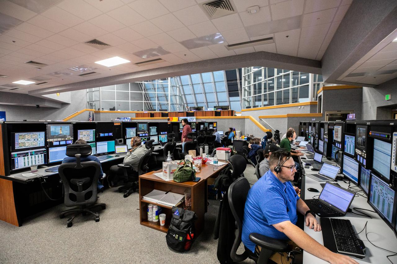Members of the Artemis I launch team participate in a wet dress rehearsal for the Artemis I mission on April 14, 2022, inside the Launch Control Center at NASA’s Kennedy Space Center in Florida. The wet dress rehearsal is the final major test before launch and allows the team to run through all countdown operations prior to liftoff. The first in an increasingly complex series of missions, Artemis I will test NASA’s Space Launch System rocket and Orion spacecraft as an integrated system prior to crewed flights to the Moon.