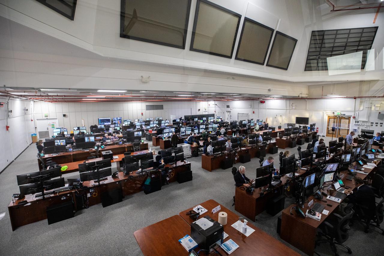 Members of the Artemis I launch team participate in a wet dress rehearsal for the Artemis I mission on April 14, 2022, inside the Launch Control Center at NASA’s Kennedy Space Center in Florida. The wet dress rehearsal is the final major test before launch and allows the team to run through all countdown operations prior to liftoff. The first in an increasingly complex series of missions, Artemis I will test NASA’s Space Launch System rocket and Orion spacecraft as an integrated system prior to crewed flights to the Moon.