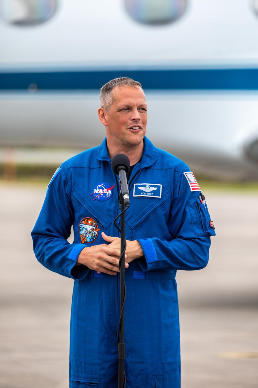 NASA astronaut Bob Hines speaks to members of the news media during crew arrival for NASA’s SpaceX Crew-4 mission at the Launch and Landing Facility at Kennedy Space Center in Florida on April 18, 2022. Hines, along with NASA astronauts Kjell Lindgren and Jessica Watkins, and ESA (European Space Agency) astronaut Samantha Cristoforetti, will launch aboard SpaceX’s Crew Dragon and Falcon 9 rocket on April 23, 2022. Launch is targeted for 5:26 a.m. EDT from Kennedy’s Launch Complex 39A. 
