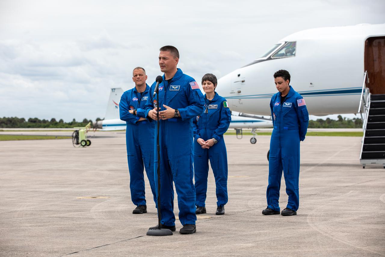 NASA astronaut Kjell Lindgren speaks to members of the news media during crew arrival for NASA’s SpaceX Crew-4 mission at the Launch and Landing Facility at Kennedy Space Center in Florida on April 18, 2022. Lindgren, along with NASA astronauts Bob Hines and Jessica Watkins, and ESA (European Space Agency) astronaut Samantha Cristoforetti, will launch aboard SpaceX’s Crew Dragon and Falcon 9 rocket on April 23, 2022. Launch is targeted for 5:26 a.m. EDT from Kennedy’s Launch Complex 39A. 