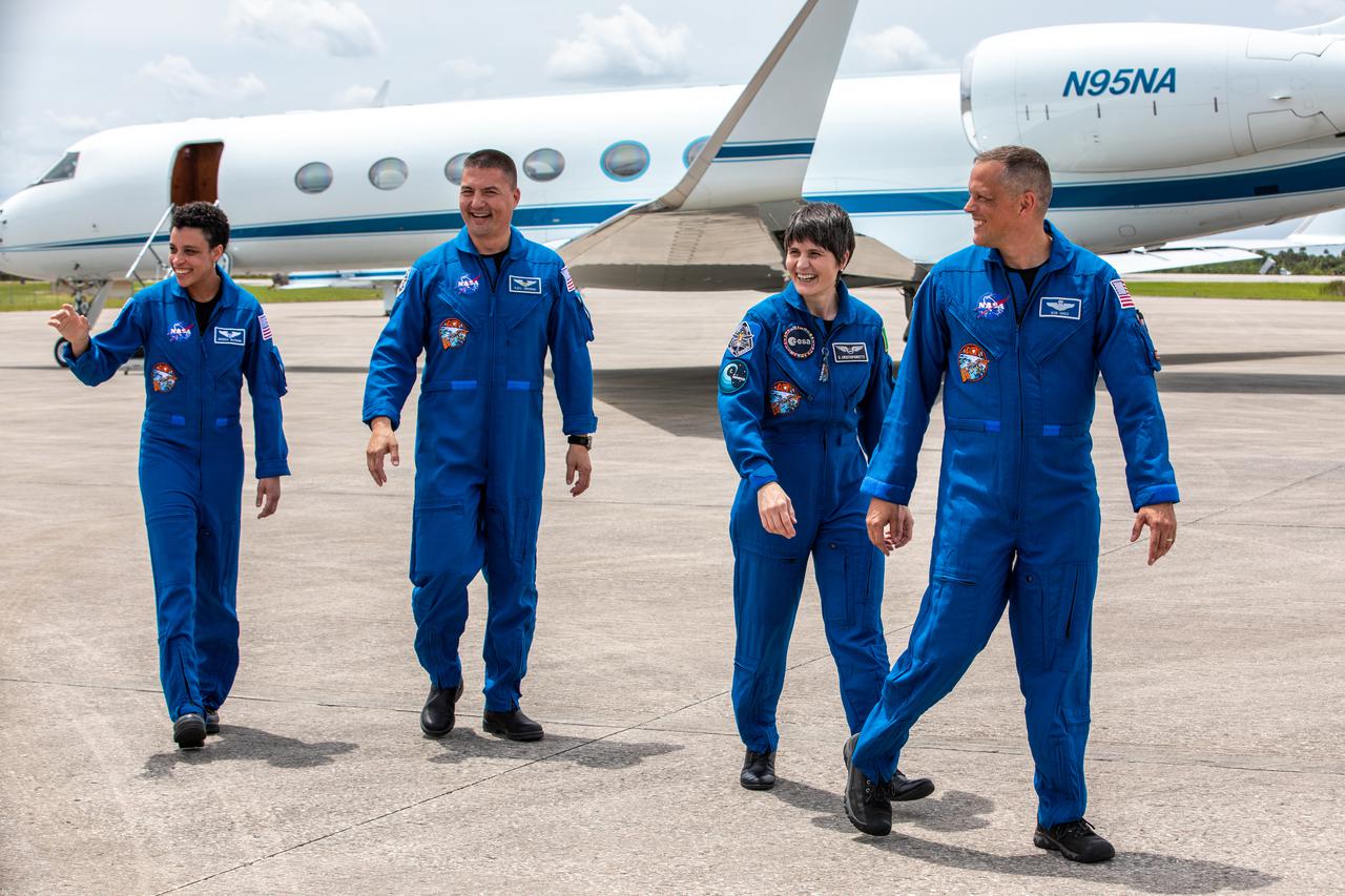 SpaceX Crew-4 astronauts arrive at the Launch and Landing Facility at Kennedy Space Center in Florida on April 18, 2022. From left are Jessica Watkins, Kjell Lindgren, ESA (European Space Agency) astronaut Samantha Cristoforetti, and Bob Hines. The astronauts will enter quarantine at the center’s astronaut crew quarters, as they await launch aboard the Crew Dragon on a SpaceX Falcon 9 rocket. Launch is targeted for 5:26 a.m. EDT on April 23, 2022, from Kennedy’s Launch Complex 39A.