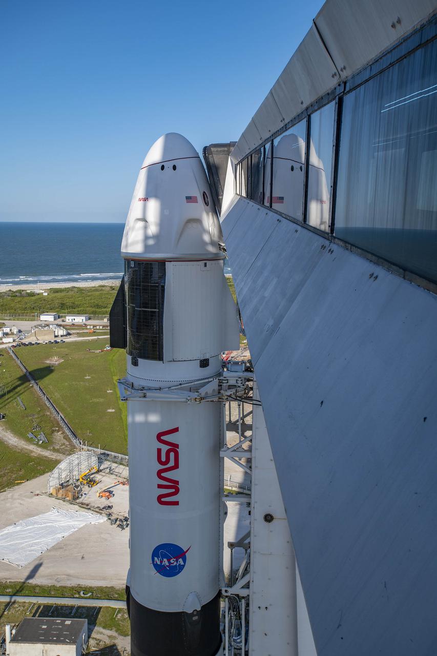 The SpaceX Falcon 9 rocket is vertical with the company’s Crew Dragon atop for NASA’s SpaceX Crew-4 mission at Launch Pad 39A at NASA’s Kennedy Space Center in Florida on April 19, 2022. NASA astronauts Kjell Lindgren, Bob Hines, and Jessica Watkins, along with ESA (European Space Agency) astronaut Samantha Cristoforetti, will launch aboard Dragon, named Freedom by the Crew-4 crew, atop the Falcon 9 on April 23, 2022, to the International Space Station. Launch is targeted for 5:26 a.m. EDT from Pad 39A. The astronauts will conduct scientific research in areas such as materials science, health technologies, and plant science to prepare for human exploration beyond low-Earth orbit.