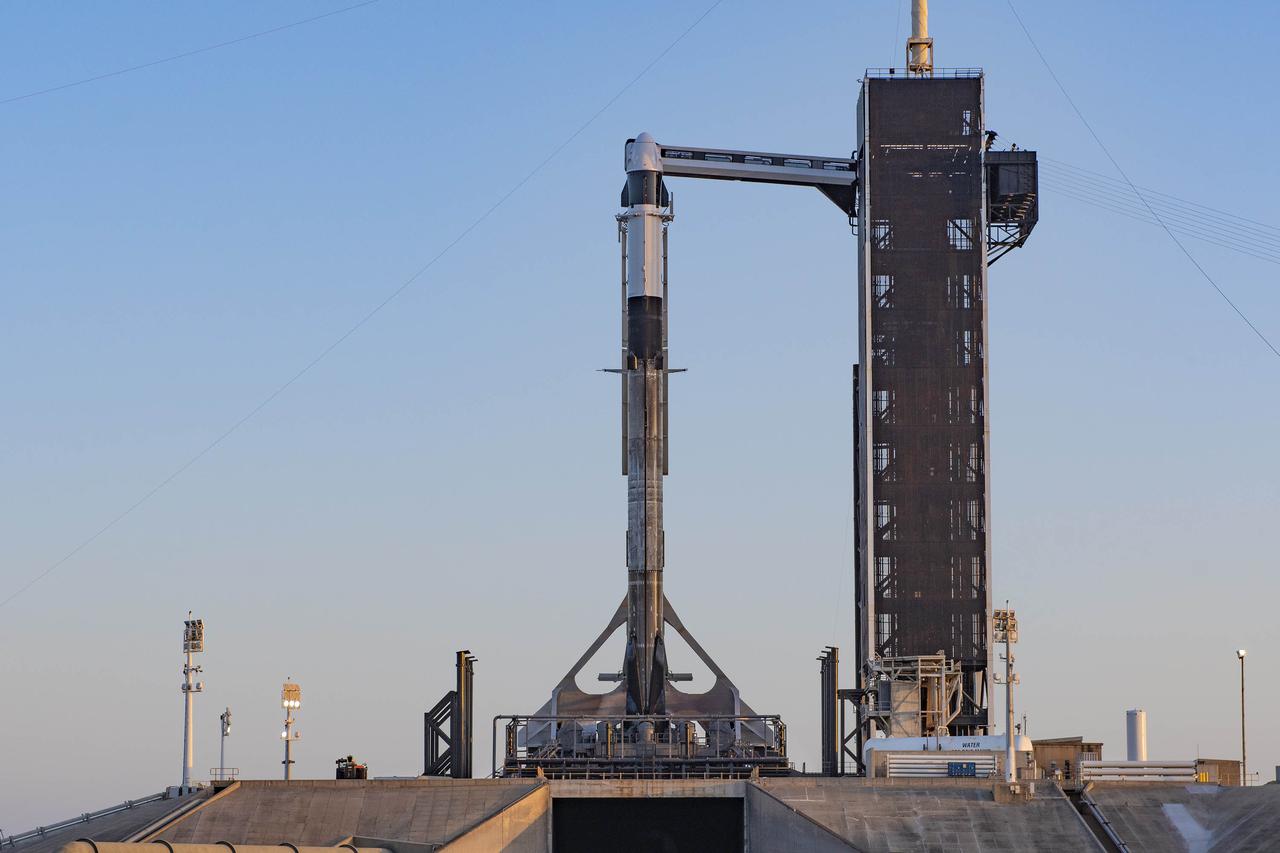 The SpaceX Falcon 9 rocket is vertical with the company’s Crew Dragon atop for NASA’s SpaceX Crew-4 mission at Launch Pad 39A at NASA’s Kennedy Space Center in Florida on April 19, 2022. NASA astronauts Kjell Lindgren, Bob Hines, and Jessica Watkins, along with ESA (European Space Agency) astronaut Samantha Cristoforetti, will launch aboard Dragon, named Freedom by the Crew-4 crew, atop the Falcon 9 on April 23, 2022, to the International Space Station. Launch is targeted for 5:26 a.m. EDT from Pad 39A. The astronauts will conduct scientific research in areas such as materials science, health technologies, and plant science to prepare for human exploration beyond low-Earth orbit.