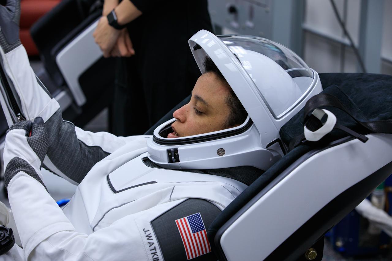 NASA astronaut Jessica Watkins checks her spacesuit in the suit room inside Kennedy Space Center’s Neil A. Armstrong Operations and Checkout Building during NASA’s SpaceX Crew-4 dry dress rehearsal on April 20, 2022. Watson, along with fellow Crew-4 astronauts Kjell Lindgren, Bob Hines, and Samantha Cristoforetti, is scheduled to lift off from Kennedy’s Launch Complex 39A at 5:26 a.m. EDT on April 23, 2022. SpaceX’s Falcon 9 rocket and Crew Dragon, named Freedom by the Crew-4 crew, will launch the astronauts to the International Space Station as part of NASA’s Commercial Crew Program.