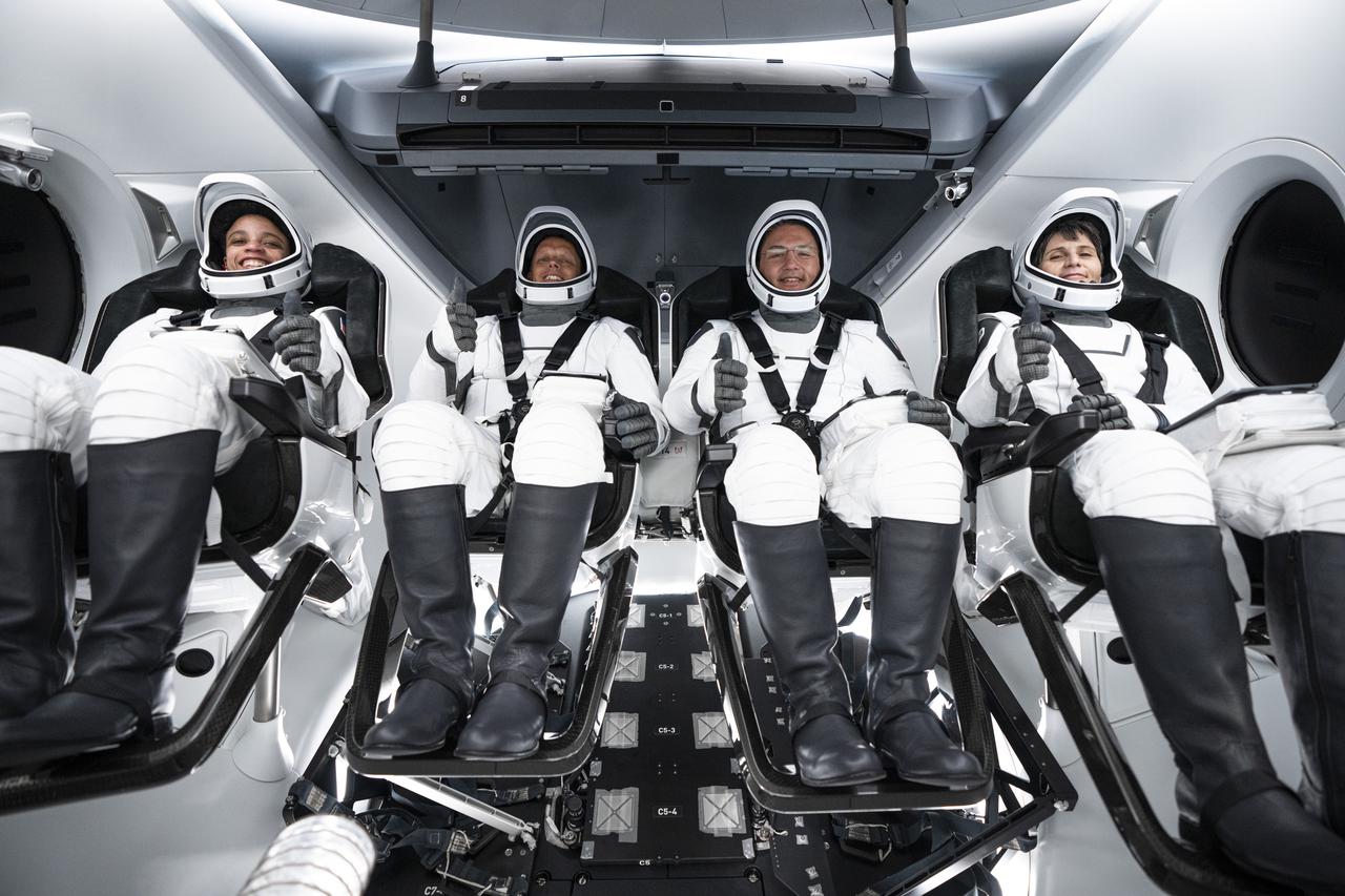 Crew-4 astronauts, from left, Jessica Watkins, mission specialist; Bob Hines, pilot; Kjell Lindgren, commander and Samantha Cristoforetti, mission specialist, are positioned inside SpaceX’s Crew Dragon, named Freedom by the Crew-4 crew, during a dry dress rehearsal at Kennedy Space Center in Florida on April 20, 2022. Crew-4 will launch the astronauts to the International Space Station as part of NASA’s Commercial Crew Program. Liftoff is targeted for 5:26 a.m. EDT on Saturday, April 23, 2022, from Launch Complex 39A at Kennedy.