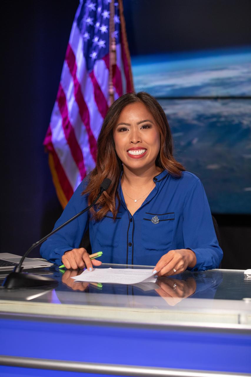 Megan Cruz, NASA Communications, moderates a Crew-4 press briefing April 26, 2022, at NASA’s Kennedy Space Center in Florida ahead of the agency’s SpaceX Crew-4 launch. Crew-4 is the fourth crew rotation flight to the International Space Station as part of NASA’s Commercial Crew Program. The SpaceX Crew Dragon capsule will launch atop the company’s Falcon 9 rocket from Launch Complex 39A to the space station on Wednesday, April 27, at 3:52 a.m. EDT.