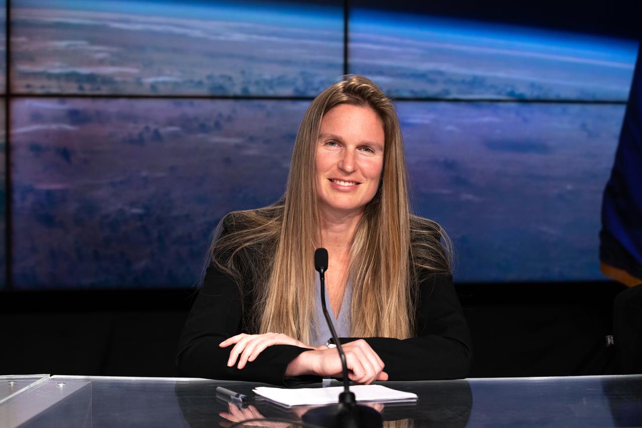 Heidi Parris, associate program scientist for the International Space Station Program, NASA Johnson, is introduced during a Crew-4 press briefing April 26, 2022, at NASA’s Kennedy Space Center in Florida ahead of the agency’s SpaceX Crew-4 launch. NASA astronauts Kjell Lindgren, Bob Hines, and Jessica Watkins, along with ESA (European Space Agency) astronaut Samantha Cristoforetti, will launch aboard the SpaceX Dragon, named Freedom by the Crew-4 crew, atop the company’s Falcon 9 rocket on April 27, 2022, to the International Space Station. Launch is targeted for 3:52 a.m. EDT from Pad 39A.
