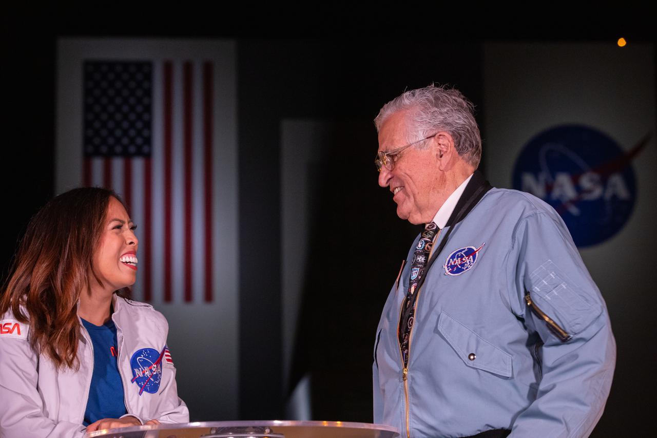 Megan Cruz of NASA Communications interviews Apollo 17 astronaut Harrison Schmitt at NASA’s Kennedy Space Center in Florida prior to liftoff of the Crew-4 mission from Kennedy’s Launch Complex 39A on April 27, 2022. The SpaceX Falcon 9 rocket, with the company’s Crew Dragon atop, launched at 3:52 a.m. EDT on April 27. Aboard the spacecraft are NASA astronauts Kjell Lindgren, commander; Bob Hines, pilot; and Jessica Watkins, mission specialist, along with ESA (European Space Agency) astronaut Samantha Cristoforetti, mission specialist. Nicknamed Freedom by the Crew-4 astronauts, Dragon will carry the crew to the International Space Station as part of NASA’s Commercial Crew Program. Freedom is scheduled to dock to the space station at 8:15 p.m. EDT today.