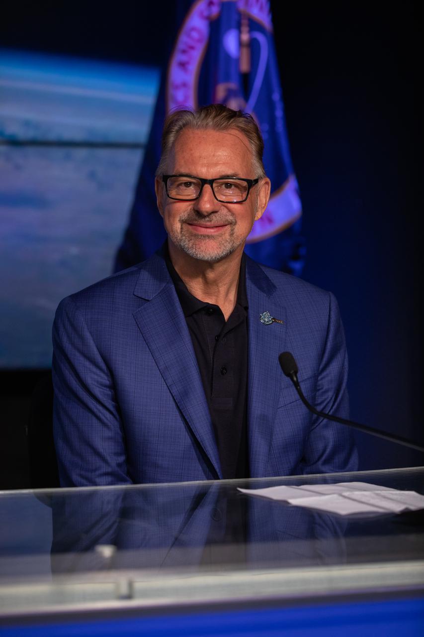 Josef Aschbacher, director general, ESA (European Space Agency), participates in a Crew-4 postlaunch news conference April 27, 2022, at NASA’s Kennedy Space Center in Florida. The SpaceX Crew Dragon spacecraft, powered by the company’s Falcon 9 rocket, lifted off from Kennedy’s Launch Complex 39A at 3:52 a.m. EDT on April 27. Named Freedom by mission astronauts Kjell Lindgren, Bob Hines, Jessica Watson, and Samantha Cristoforetti, Dragon is scheduled to dock to the space station today at 8:15 p.m. EDT.