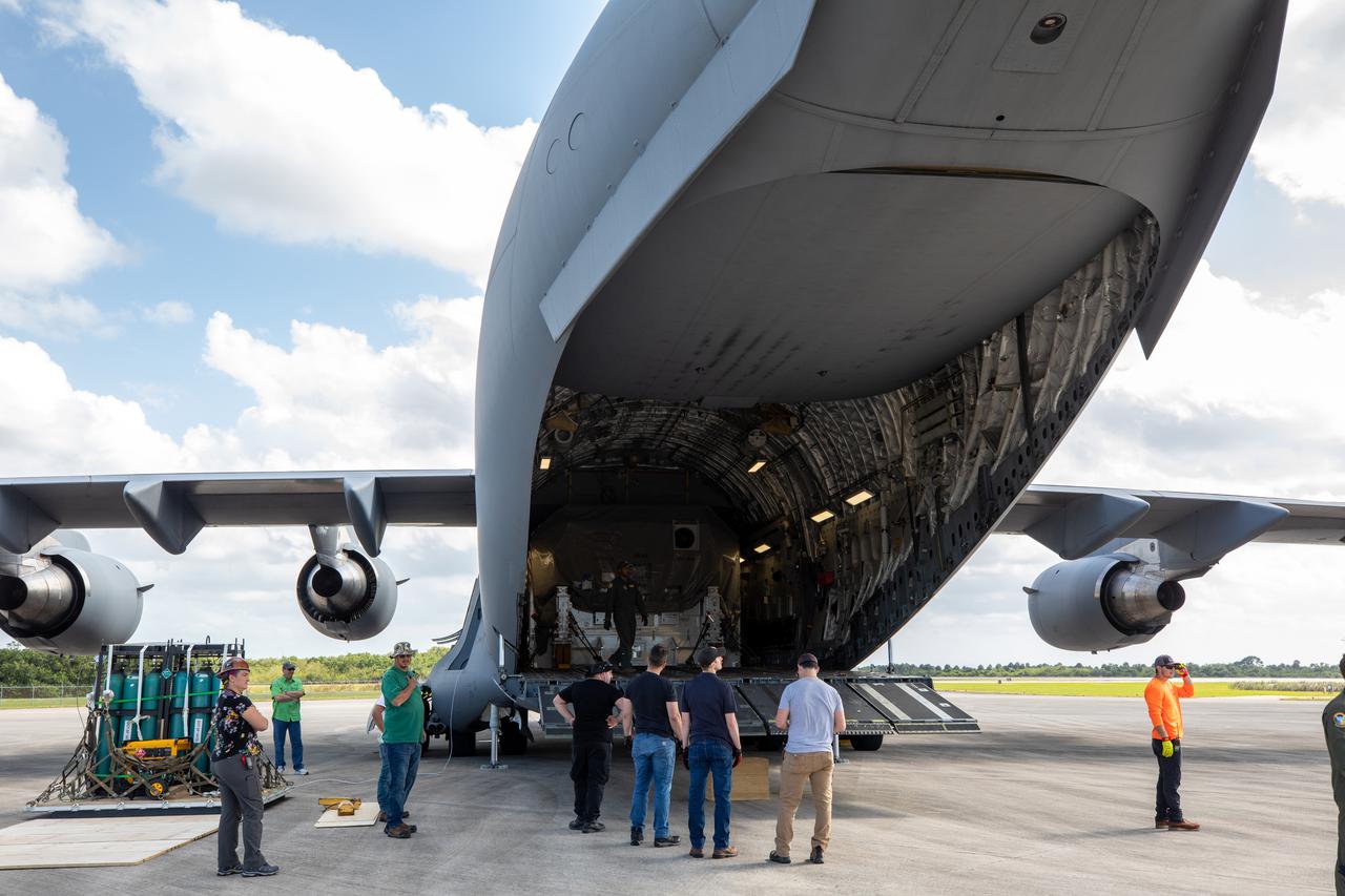 Preparations are underway to offload NASA’s Psyche spacecraft from the C-17 aircraft it arrived aboard at Kennedy Space Center’s Launch and Landing Facility in Florida on April 29, 2022. Psyche arrived from NASA’s Jet Propulsion Laboratory (JPL) in Southern California. Psyche is scheduled to launch aboard a SpaceX Falcon Heavy rocket on Aug. 1, 2022. The spacecraft will use its solar-electric propulsion to travel approximately 1.5 billion miles to rendezvous with its namesake asteroid in 2026. The Psyche mission is led by Arizona State University. JPL, which is managed for NASA by Caltech in Pasadena, California, is responsible for the mission’s overall management, system engineering, integration and testing, and mission operations. Maxar Technologies in Palo Alto, California, provided the high-power solar electric propulsion spacecraft chassis. NASA’s Launch Services Program (LSP), based at Kennedy, is managing the launch. Psyche will be the 14th mission in the agency's Discovery program and LSP’s 100th primary mission.