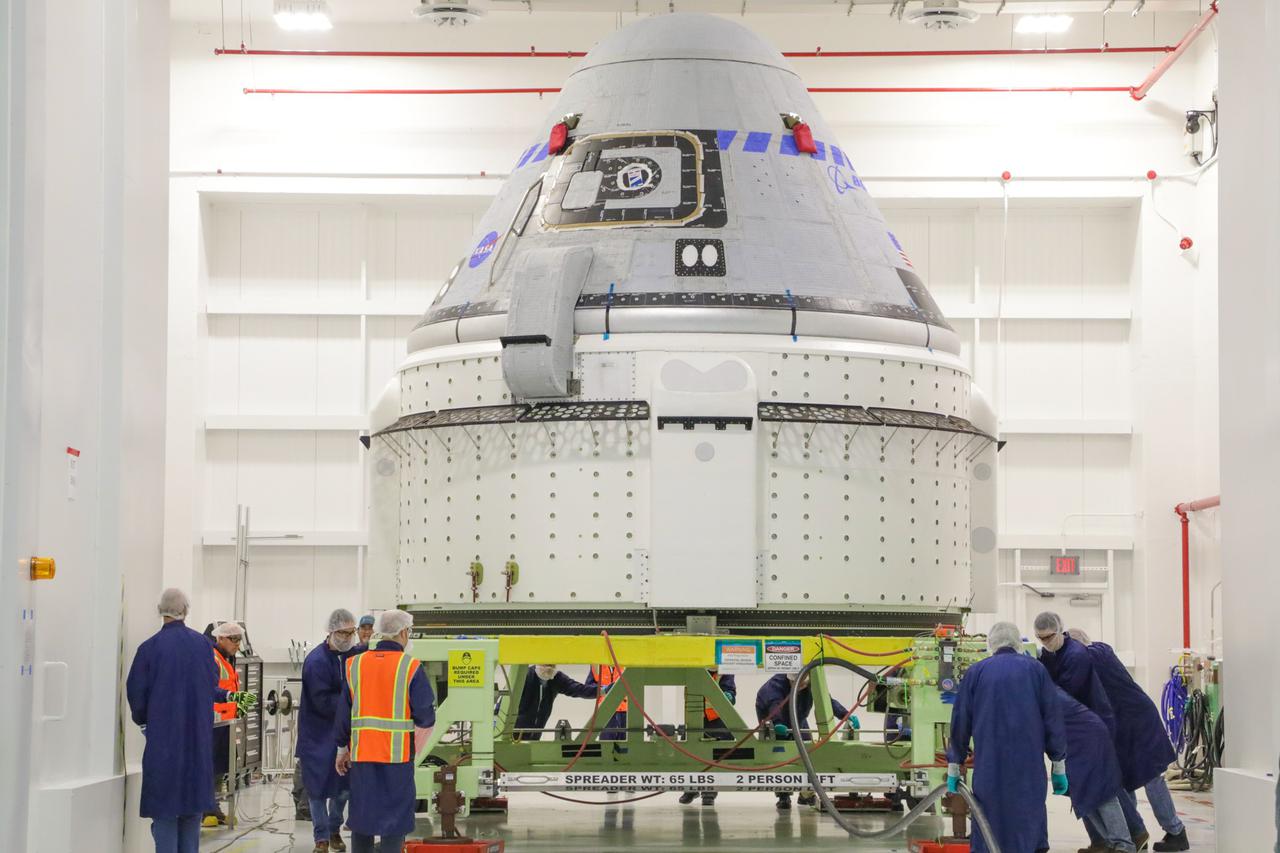On May 3, 2022, inside the Commercial Crew and Cargo Processing Facility at Kennedy Space Center in Florida, Boeing’s CST-100 Starliner spacecraft moved from the Hazardous Processing Area to the Weight and Center of Gravity machine. The operations are in preparation for the company’s second Orbital Flight Test (OFT-2), as part of NASA’s Commercial Crew Program.