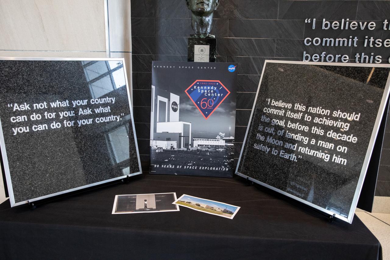 Wall tiles from Kennedy Space Center’s former headquarters building are presented to Kennedy Director Janet Petro inside the Florida spaceport’s Central Campus Headquarters Building on May 3, 2022. The two 15-pound sections from the building were preserved by Maverick Constructors LLC, the construction company that completed demolition of the structure. The company’s presentation of the tiles is in honor of the many civil servants and contractors who dedicated their lives to working for and supporting NASA in this building.