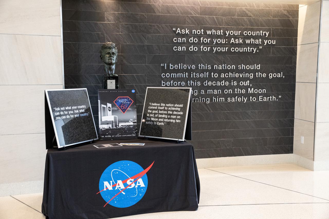 Wall tiles from Kennedy Space Center’s former headquarters building are presented to Kennedy Director Janet Petro inside the Florida spaceport’s Central Campus Headquarters Building on May 3, 2022. The two 15-pound sections from the building were preserved by Maverick Constructors LLC, the construction company that completed demolition of the structure. The company’s presentation of the tiles is in honor of the many civil servants and contractors who dedicated their lives to working for and supporting NASA in this building.