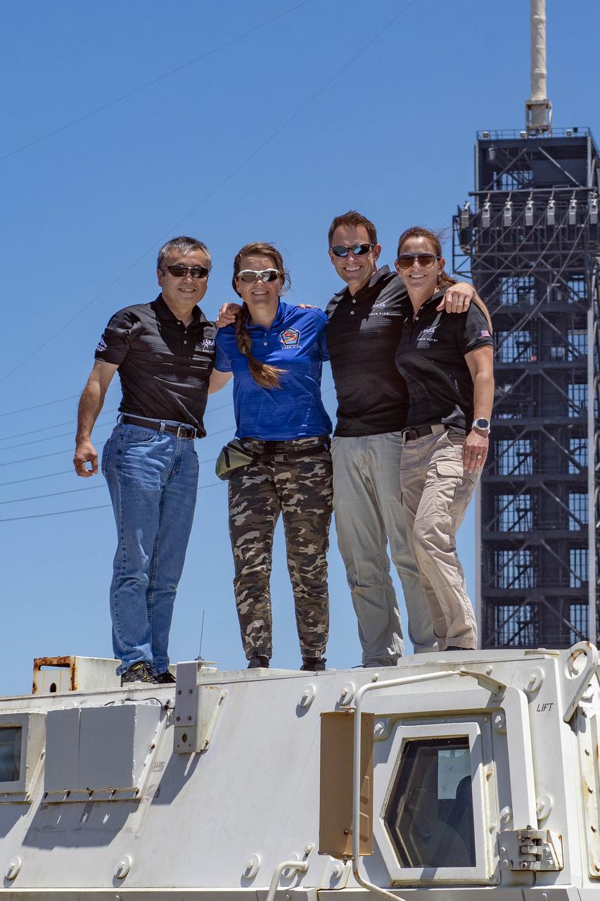 The crew members who will fly on NASA’s SpaceX Crew-5 mission to the International Space Station are photographed at Launch Complex 39A during a visit to the agency’s Kennedy Space Center in Florida on May 10, 2022. From left are JAXA (Japan Aerospace Exploration Agency) astronaut Koichi Wakata, mission specialist; Roscosmos cosmonaut Anna Kikina, mission specialist; NASA astronaut Josh Cassada, pilot; and NASA astronaut Nicole Mann, mission commander. SpaceX’s Falcon 9 rocket and Crew Dragon spacecraft are scheduled to lift off from Kennedy’s Launch Complex 39A on Oct. 3, 2022. This will be the fifth crew rotation mission of SpaceX’s human transportation system and its sixth flight with astronauts to the space station for NASA’s Commercial Crew Program.