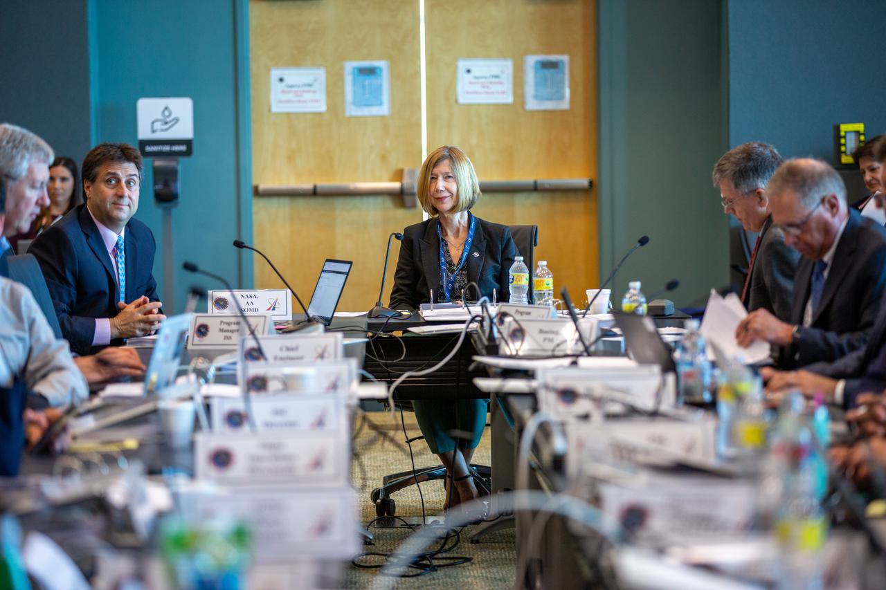 Kathryn Lueders (center), associate administrator, Space Operations Mission Directorate at NASA participates in the Flight Readiness Review for NASA’s Boeing Orbital Flight Test-2 (OFT-2) inside the Operations Support Building II at NASA's Kennedy Space Center in Florida, May 11, 2022. Boeing's CST-100 Starliner spacecraft will launch atop a United Launch Alliance Atlas V rocket from Space Launch Complex-41 at Cape Canaveral Space Force Station at 6:54 p.m. EDT on Thursday, May 19. The uncrewed flight test will be Starliner’s second flight for NASA’s Commercial Crew Program. 