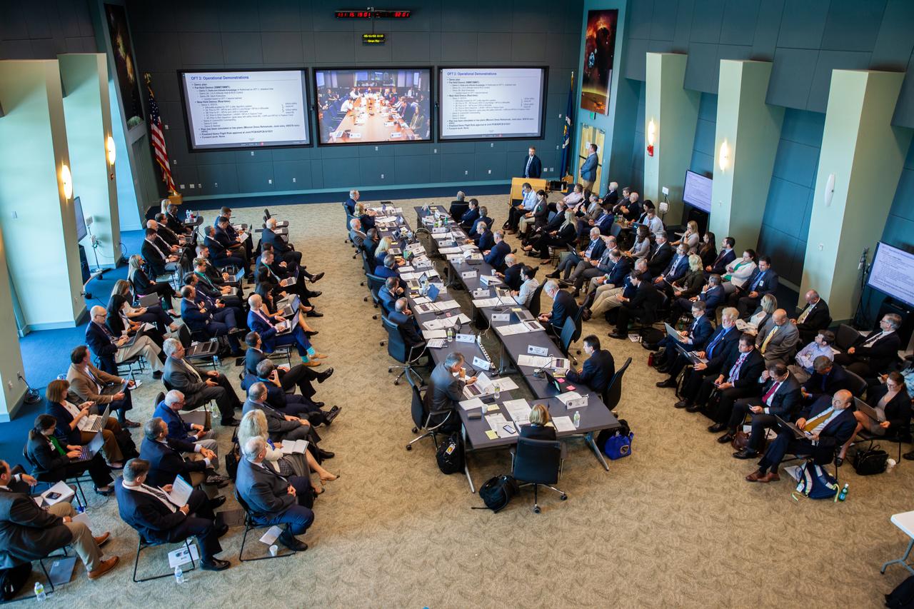 NASA and Boeing managers take part in the Flight Readiness Review for NASA’s Boeing Orbital Flight Test-2 (OFT-2) inside the Operations Support Building II at NASA's Kennedy Space Center in Florida, May 11, 2022. Boeing's CST-100 Starliner spacecraft will launch atop a United Launch Alliance Atlas V rocket from Space Launch Complex 41 at Cape Canaveral Space Force Station at 6:54 p.m. EDT on Thursday, May 19. The uncrewed flight test will be Starliner’s second flight for NASA’s Commercial Crew Program. 