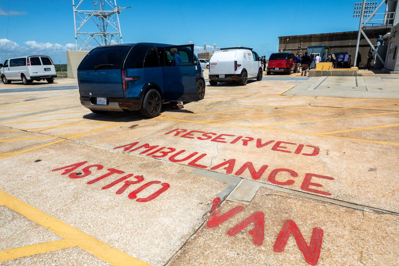 Several concept designs for Artemis crew transportation vehicles (CTV) are lined up at Launch Complex 39B at NASA’s Kennedy Space Center in Florida on May 11, 2022. Canoo Technologies Inc., was awarded a contract to design and provide the next generation of CTVs for the Artemis crewed missions. Representatives with Canoo were at the spaceport demonstrating the environmentally friendly fleet of vehicles. Artemis II will be the first Artemis mission flying crew aboard Orion. In later missions, NASA will land the first woman and the first person of color on the surface of the Moon, paving the way for a long-term lunar presence and serving as a steppingstone on the way to Mars. 