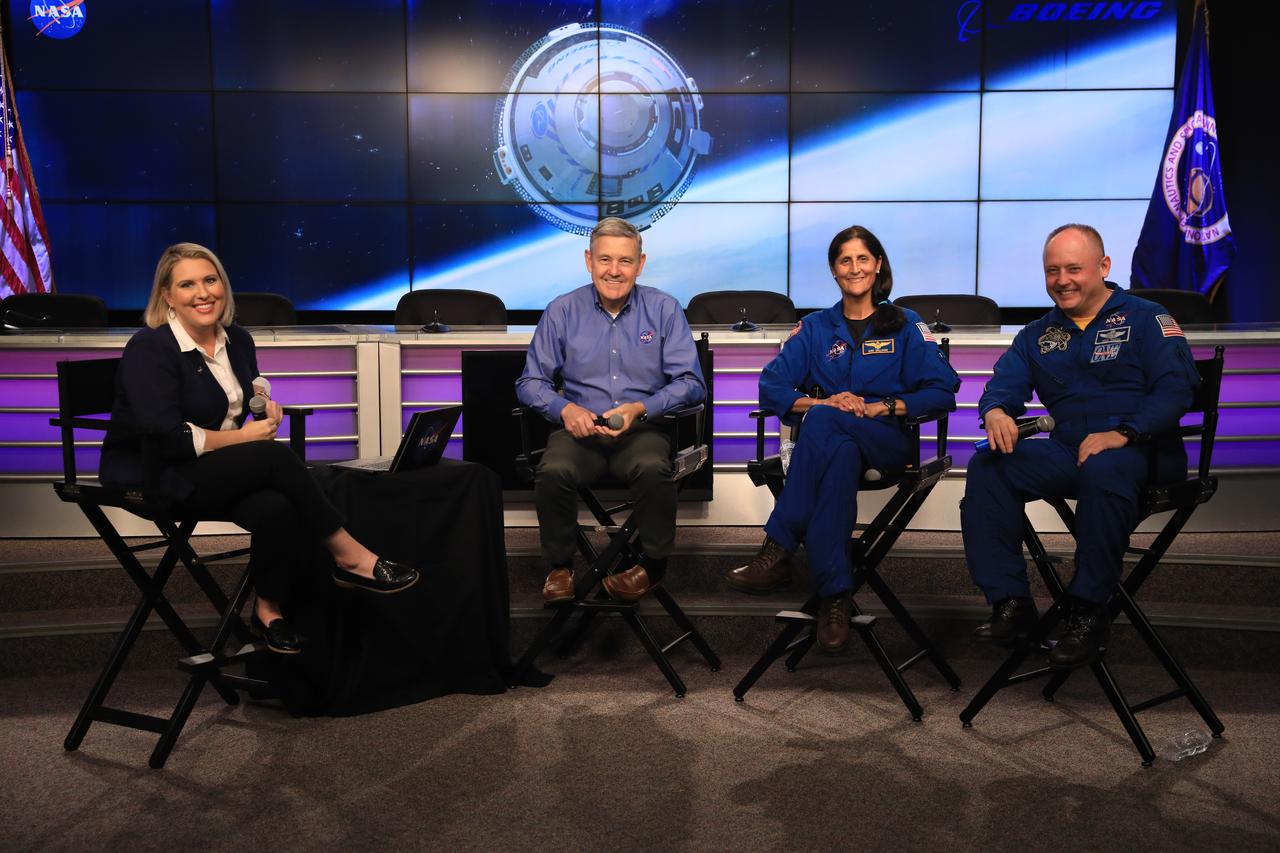 Representatives from NASA participate in a Virtual NASA Social Live event at the agency's Kennedy Space Center in Florida on May 18, 2022, in advance of the agency’s Boeing Orbital Flight Test-2 (OFT-2) as part of NASA's Commercial Crew Program. Participants are, from left, moderator Leah Martin, NASA Communications; NASA Associate Administrator Bob Cabana; NASA astronaut Suni Williams; NASA astronaut Mike Finke. Boeing’s CST-100 Starliner is targeted to launch at 6:54 p.m. EDT on Thursday, May 19, on a United Launch Alliance Atlas V rocket from Space Launch Complex-41 at Cape Canaveral Space Force Station in Florida to rendezvous and dock with the International Space Station.