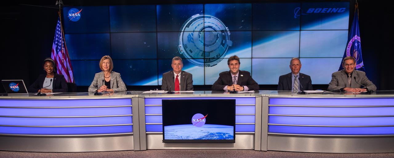 In the Press Site auditorium of NASA's Kennedy Space Center in Florida, officials from NASA, Boeing, and United Launch Alliance (ULA) participate in a postlaunch news conference following the liftoff of NASA Boeing’s Orbital Flight Test-2 (OFT-2) on May 19, 2022. From left are Jasmine Hopkins, NASA Communications; Kathryn Lueders, associate administrator, Space Operations Mission Directorate at NASA; Steve Stich, manager, NASA Commercial Crew Program; Joel Montalbano, manager, NASA’s International Space Station Program; Mark Nappi, vice president and program manager, Boeing Commercial Crew Program; John Elbon, chief operating officer, United Launch Alliance. Liftoff occurred at 6:54 p.m. EDT from Space Launch Complex-41 at Florida’s Cape Canaveral Space Force Station. Boeing’s uncrewed flight test is designed to test the system’s end-to-end capabilities for NASA’s Commercial Crew Program providing valuable data towards NASA certifying Boeing’s crew transportation system for regular crewed flights to and from the International Space Station.