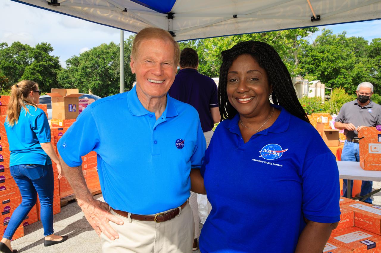 NASA Administrator Bill Nelson (left) and Barbara Brown (right), director of the Exploration Research and Technology Program at Kennedy Space Center in Florida, helped kick off a new initiative to deliver food and hands-on science, technology, engineering, and math kits, called Learning Lunchboxes, at New Beginnings Church – The Gathering Place in Orlando, Florida on Friday, June 3. The lunchboxes are aimed at inspiring and educating youth and families about NASA’s upcoming Artemis missions, which includes landing the first woman and person of color on the Moon and helping prepare for human exploration of Mars. Partners on the initiative with NASA include the Center of Science and Industry, the Second Harvest Food Bank, and the Orlando Science Center. The NASA Artemis Learning Lunchbox is made possible through NASA’s Teams Engaging Affiliated Museums and Informal Institutions (TEAM II) program. NASA Learning Lunchboxes provide five space-focused learning activities that showcase the diversity of STEM at NASA. COSI will distribute 30,000 NASA Learning Lunchboxes at local food banks across the country to help feed hungry lives and feed hungry minds. This innovative, community-based model will bring together other science centers and museums, afterschool providers, and community leaders to highlight the importance of STEM. This project also includes digital extension resources.