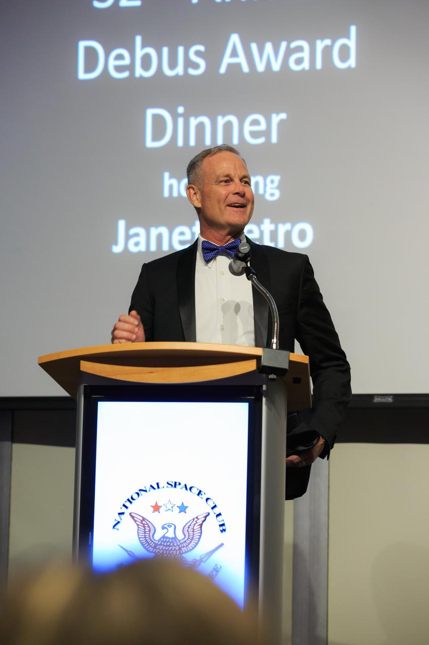 Scott Henderson, vice president of Test and Operations at Blue Origin, speaks at a ceremony honoring Kennedy Space Center Director Janet Petro with the Dr. Kurt H. Debus Award on June 24, 2022, at the Florida spaceport’s visitor complex. The National Space Club Florida Committee presented Petro with the prestigious award for her contributions to America’s aerospace efforts within the state of Florida. The award – originating in 1990 – is named after Kennedy’s first director.
