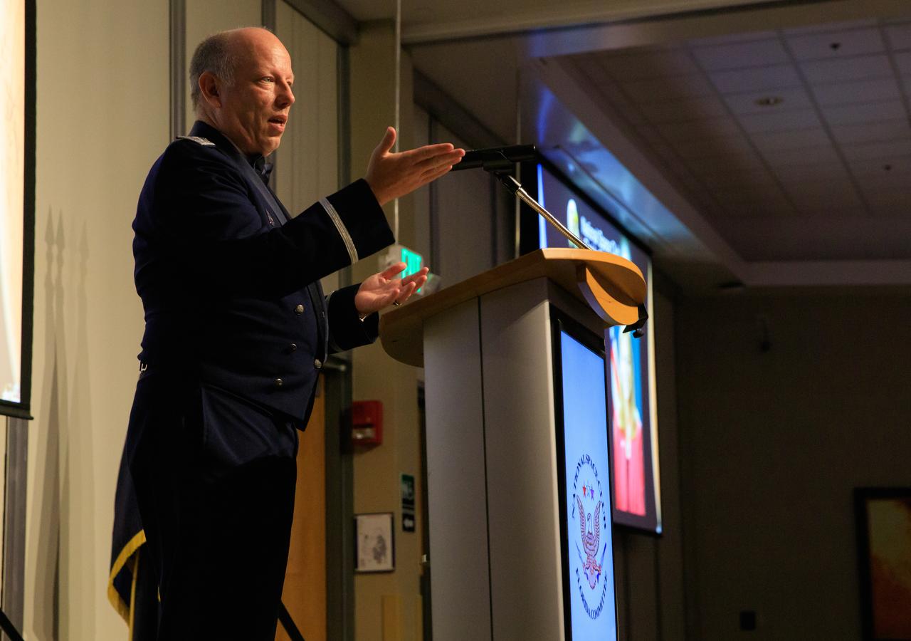 Brigadier General Stephen Purdy, commander of Space Launch Delta 45, speaks at a ceremony honoring Kennedy Space Center Director Janet Petro with the Dr. Kurt H. Debus Award on June 24, 2022, at the Florida spaceport’s visitor complex. The National Space Club Florida Committee presented Petro with the prestigious award for her contributions to America’s aerospace efforts within the state of Florida. The award – originating in 1990 – is named after Kennedy’s first director.