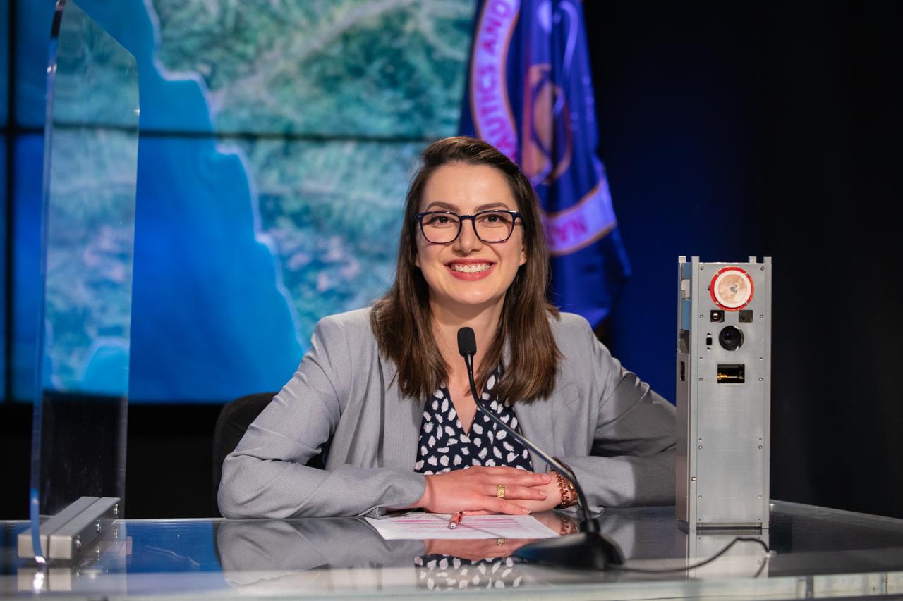 Paula do Vale Pereira, BeaverCube, Massachusetts Institute of Technology, participates in a climate conversation at NASA’s Kennedy Space Center in Florida on July 13, 2022, leading up to SpaceX’s 25th Commercial Resupply Services mission for NASA to the International Space Station. The Dragon capsule atop SpaceX’s Falcon 9 rocket is scheduled to lift off from Kennedy’s Launch Complex 39A on July 14 at 8:44 p.m. EDT. Dragon will deliver more than 5,800 pounds of cargo, including a variety of NASA investigations, to the space station. 