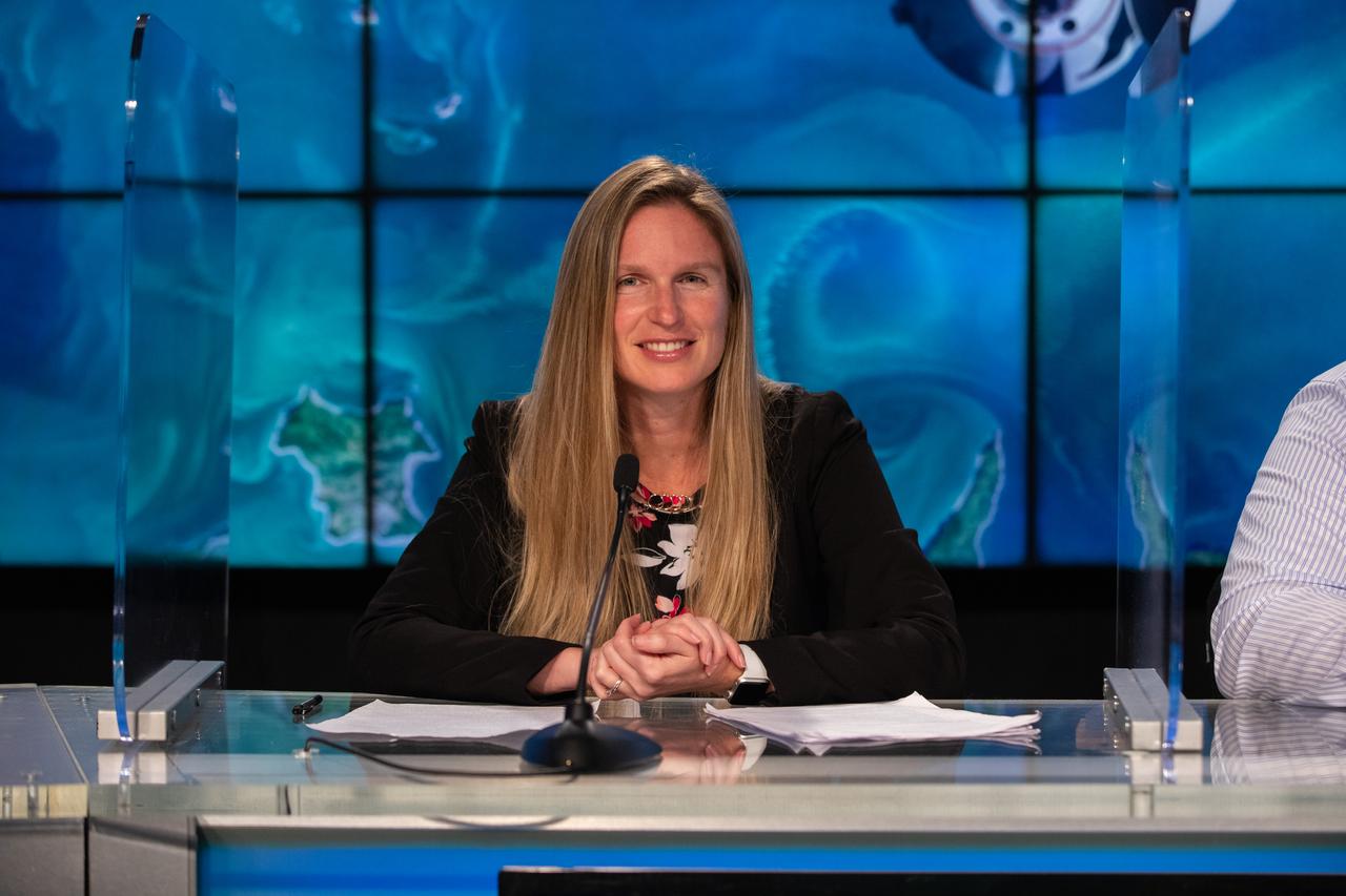Heidi Parris, associate scientist, International Space Station Program, participates in a climate conversation at NASA’s Kennedy Space Center in Florida on July 13, 2022, leading up to SpaceX’s 25th Commercial Resupply Services mission for NASA to the International Space Station. The Dragon capsule atop SpaceX’s Falcon 9 rocket is scheduled to lift off from Kennedy’s Launch Complex 39A on July 14 at 8:44 p.m. EDT. Dragon will deliver more than 5,800 pounds of cargo, including a variety of NASA investigations, to the space station. 