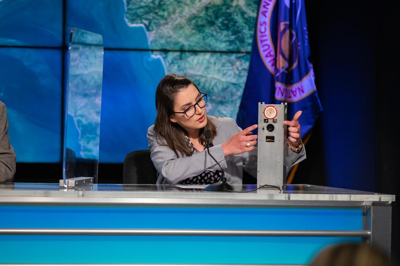 Paula do Vale Pereira, BeaverCube, Massachusetts Institute of Technology, participates in a climate conversation at NASA’s Kennedy Space Center in Florida on July 13, 2022, leading up to SpaceX’s 25th Commercial Resupply Services mission for NASA to the International Space Station. The Dragon capsule atop SpaceX’s Falcon 9 rocket is scheduled to lift off from Kennedy’s Launch Complex 39A on July 14 at 8:44 p.m. EDT. Dragon will deliver more than 5,800 pounds of cargo, including a variety of NASA investigations, to the space station. 