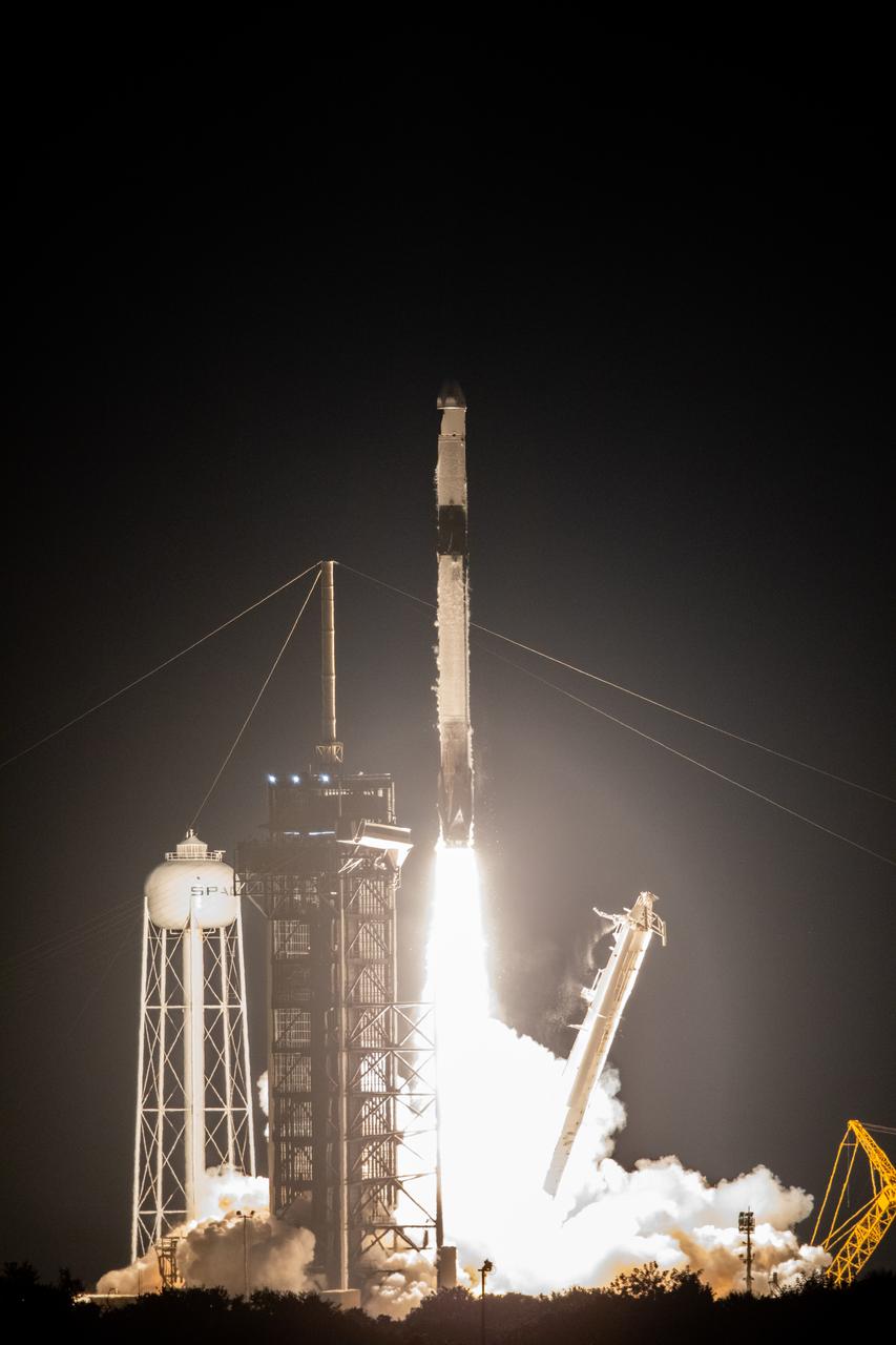 The SpaceX Falcon 9 rocket carrying the Dragon capsule soars upward after lifting off from Launch Complex 39A at NASA’s Kennedy Space Center in Florida on July 14, 2022, on the company’s 25th Commercial Resupply Services mission for the agency to the International Space Station. Liftoff was at 8:44 p.m. EDT. Dragon will deliver more than 5,800 pounds of cargo, including a variety of NASA investigations, to the space station. The spacecraft is expected to spend about a month attached to the orbiting outpost before it returns to Earth with research and return cargo, splashing down off the coast of Florida.