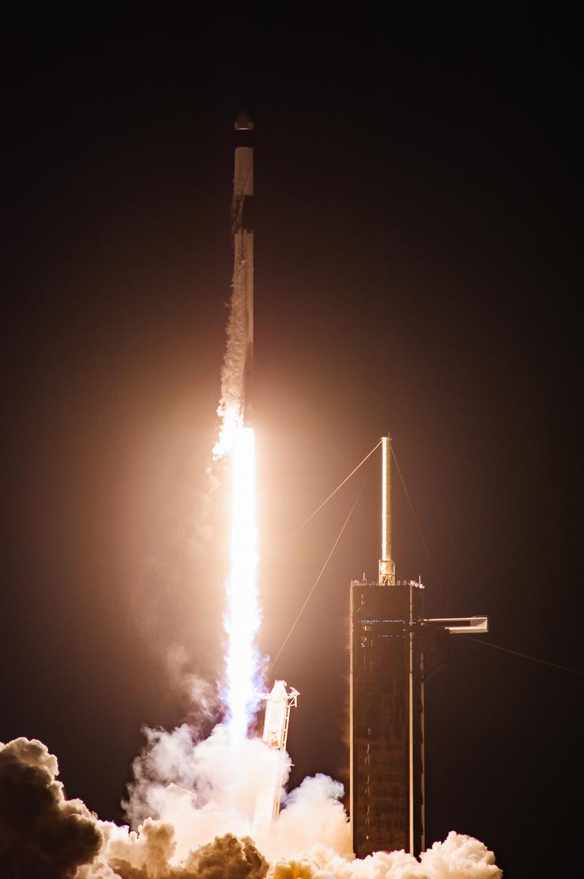 The SpaceX Falcon 9 rocket carrying the Dragon capsule soars upward after lifting off from Launch Complex 39A at NASA’s Kennedy Space Center in Florida on July 14, 2022, on the company’s 25th Commercial Resupply Services mission for the agency to the International Space Station. Liftoff was at 8:44 p.m. EDT. Dragon will deliver more than 5,800 pounds of cargo, including a variety of NASA investigations, to the space station. The spacecraft is expected to spend about a month attached to the orbiting outpost before it returns to Earth with research and return cargo, splashing down off the coast of Florida.